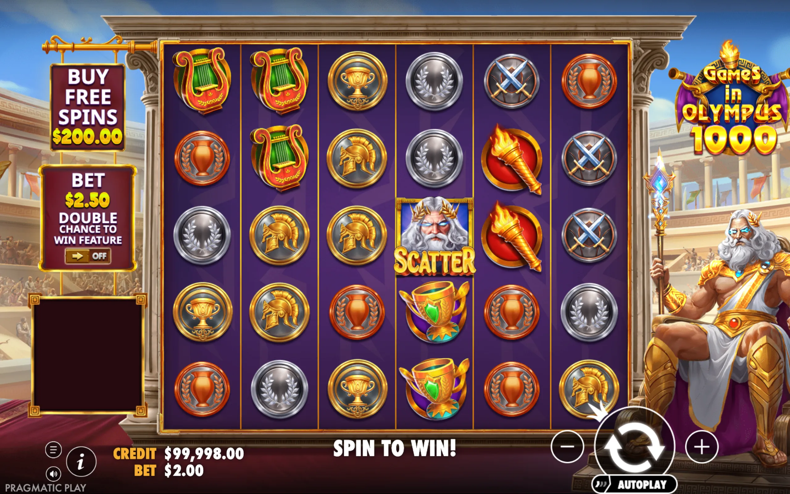 Slot game interface featuring Greek mythology symbols like helmets, torches, trophies, and a scatter symbol of Zeus, set against a backdrop of ancient columns and a seated Zeus figure.