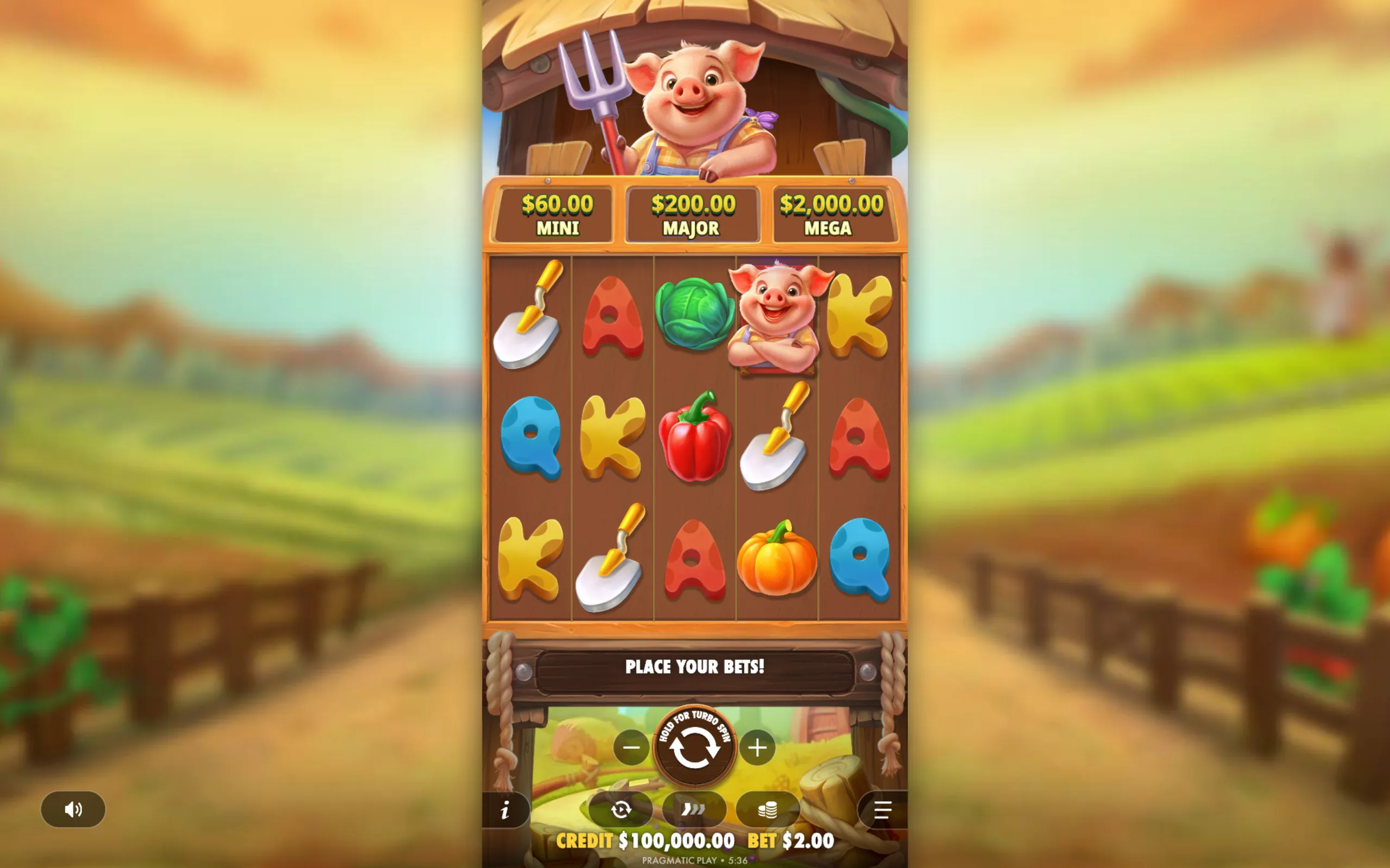 Colorful slot game interface featuring a cheerful pig character holding a pitchfork, farm tools, vegetables, and jackpot tiers displayed above the reels.
