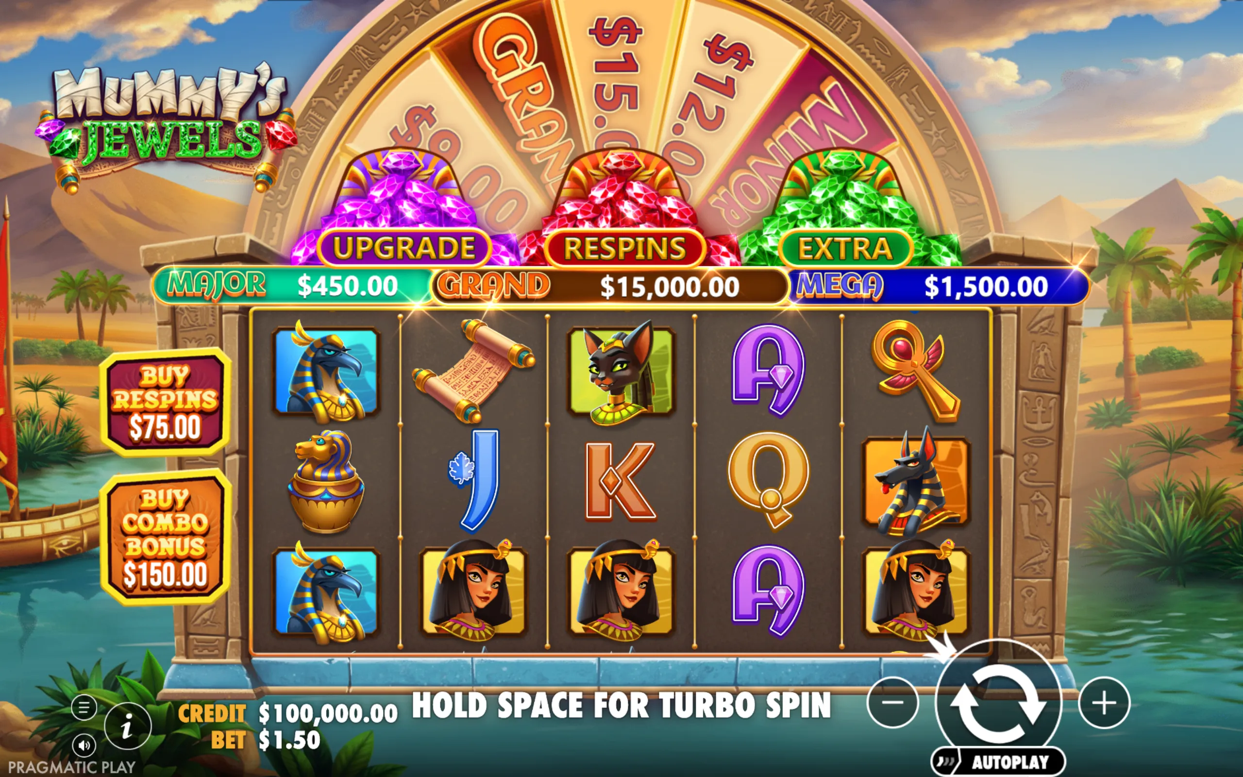 Mummy's Jewels slot game interface featuring Egyptian-themed symbols, jackpot tiers, and a desert oasis backdrop with pyramids and palm trees.