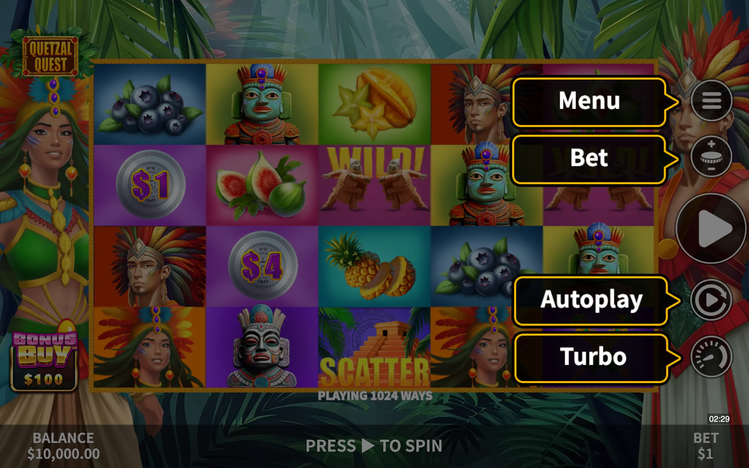 Quetzal Quest symbol payouts on the game board