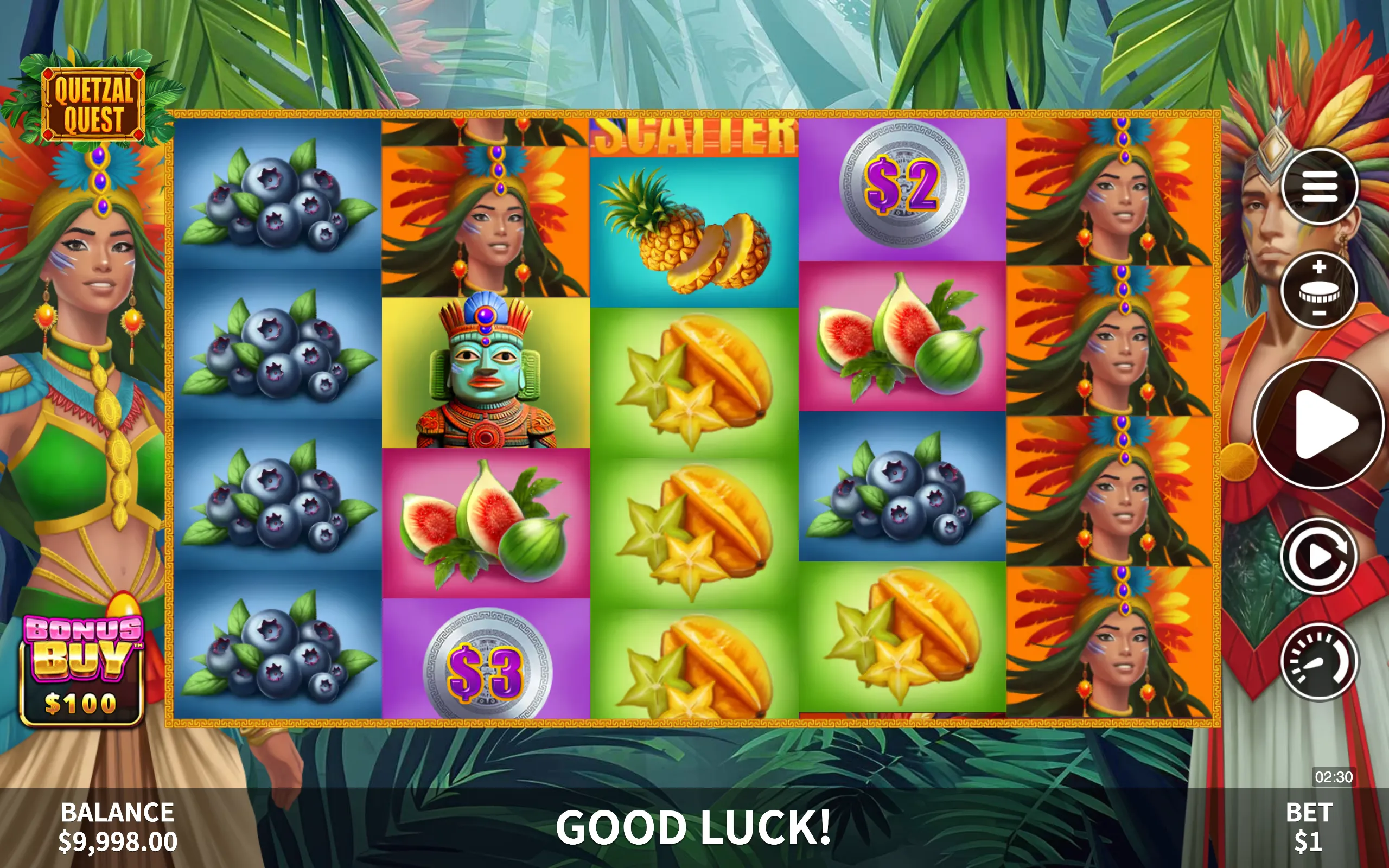 Quetzal Quest slot game featuring vibrant jungle-themed symbols including exotic fruits, tribal characters, and ancient artifacts on a colorful reel set.