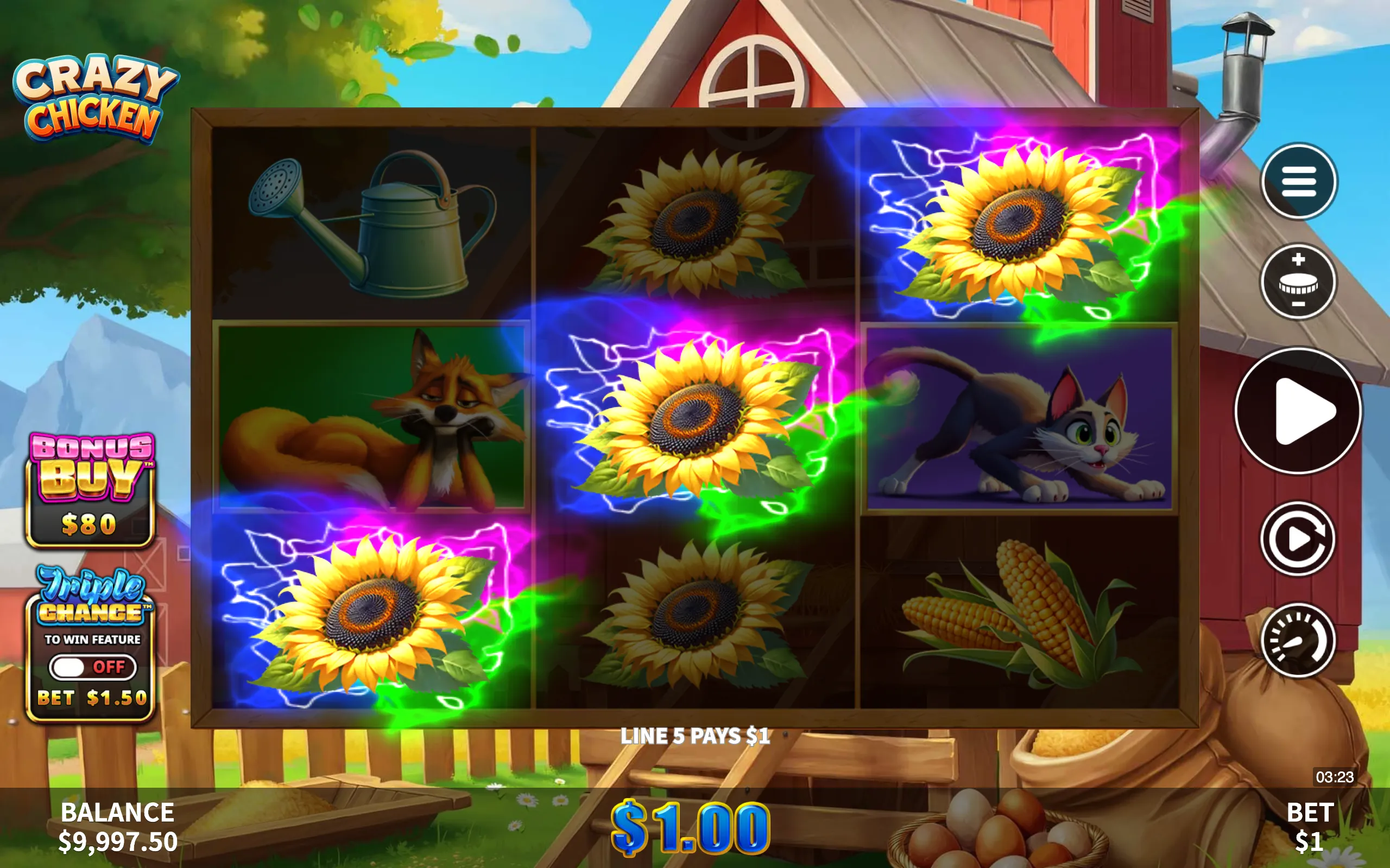 A vibrant farm-themed slot game featuring animated animals like a fox and cat, sunflowers with electric effects, and farm objects such as a watering can and corn.