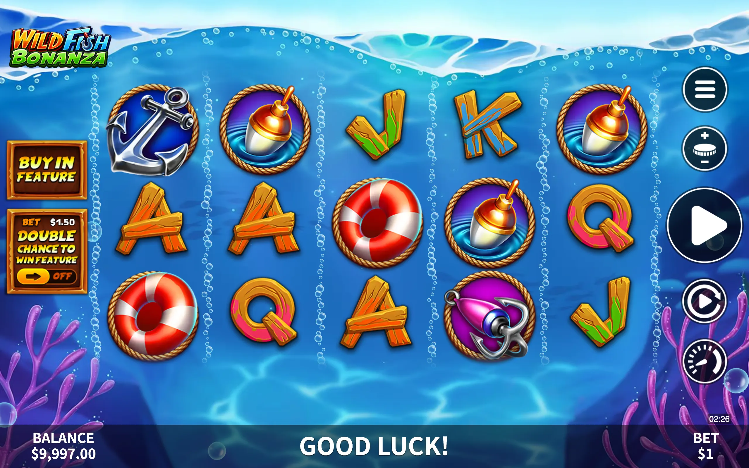 Underwater-themed slot game interface featuring fishing-related symbols like anchors, bobbers, and lifebuoys with wooden letter icons on a blue ocean background.