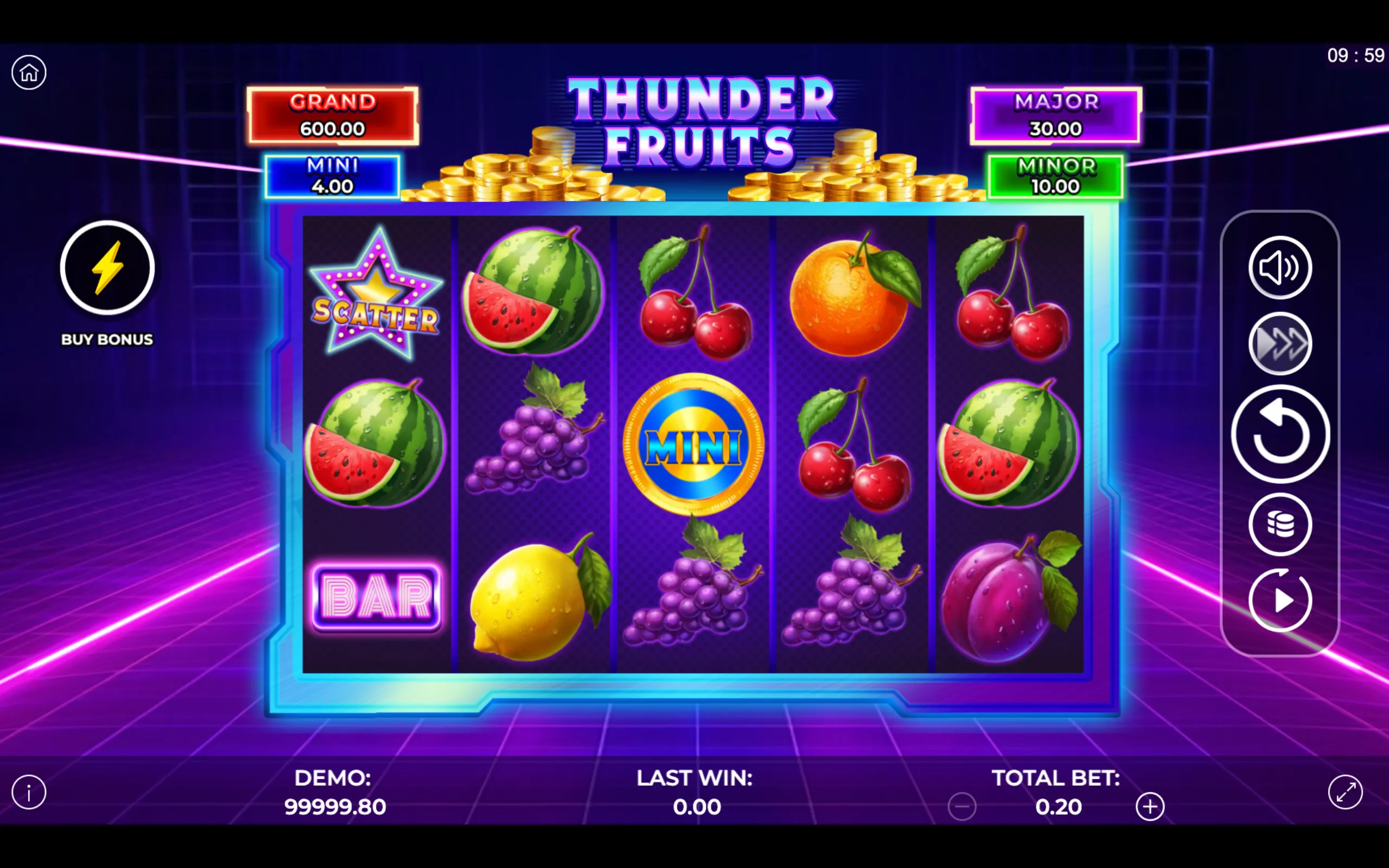 Thunder Fruits slot game interface featuring vibrant fruit symbols, jackpot tiers, and neon accents on a futuristic grid background.