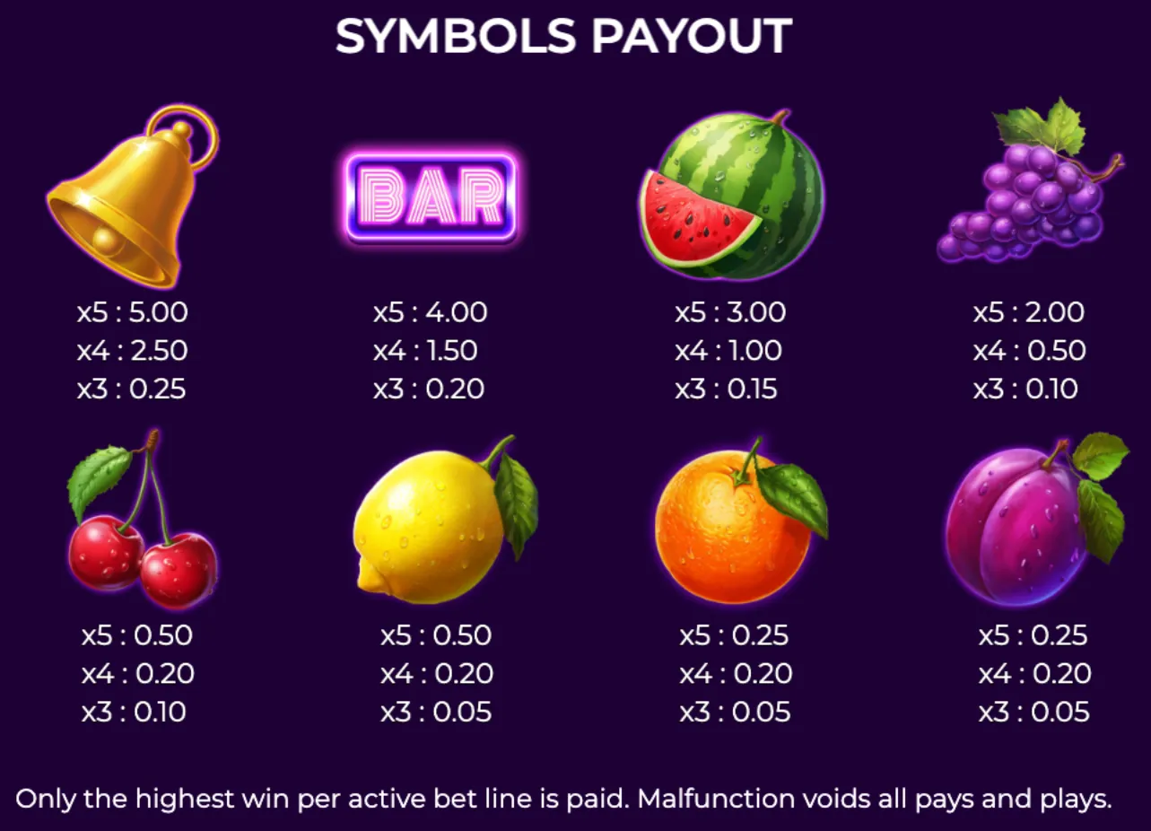 Brightly colored classic slot symbols including a golden bell, neon BAR sign, and various fruits with their payout values displayed on a dark purple background.