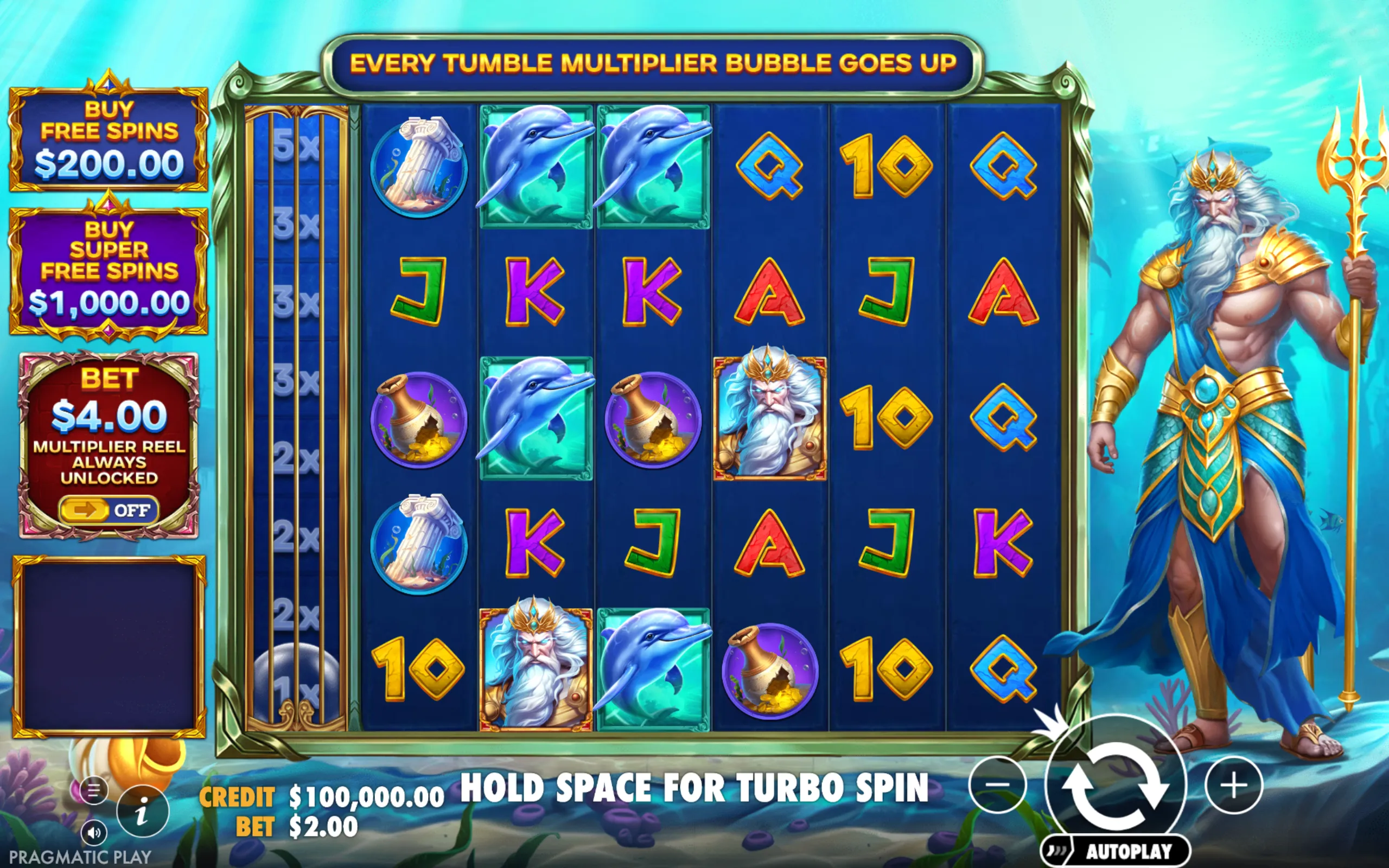 Underwater-themed slot game featuring Poseidon with trident, marine symbols like dolphins and ancient ruins, and a multiplier reel indicating increasing rewards.