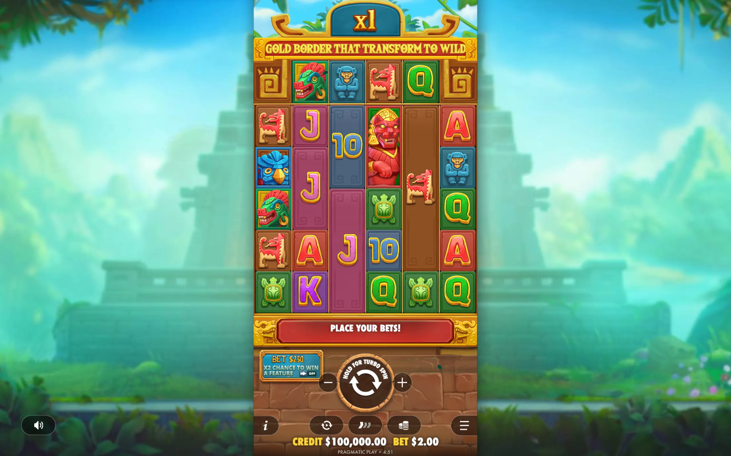 Fortune of Aztec slot game with colorful Aztec-themed symbols on a 6-reel grid set against a jungle temple backdrop.