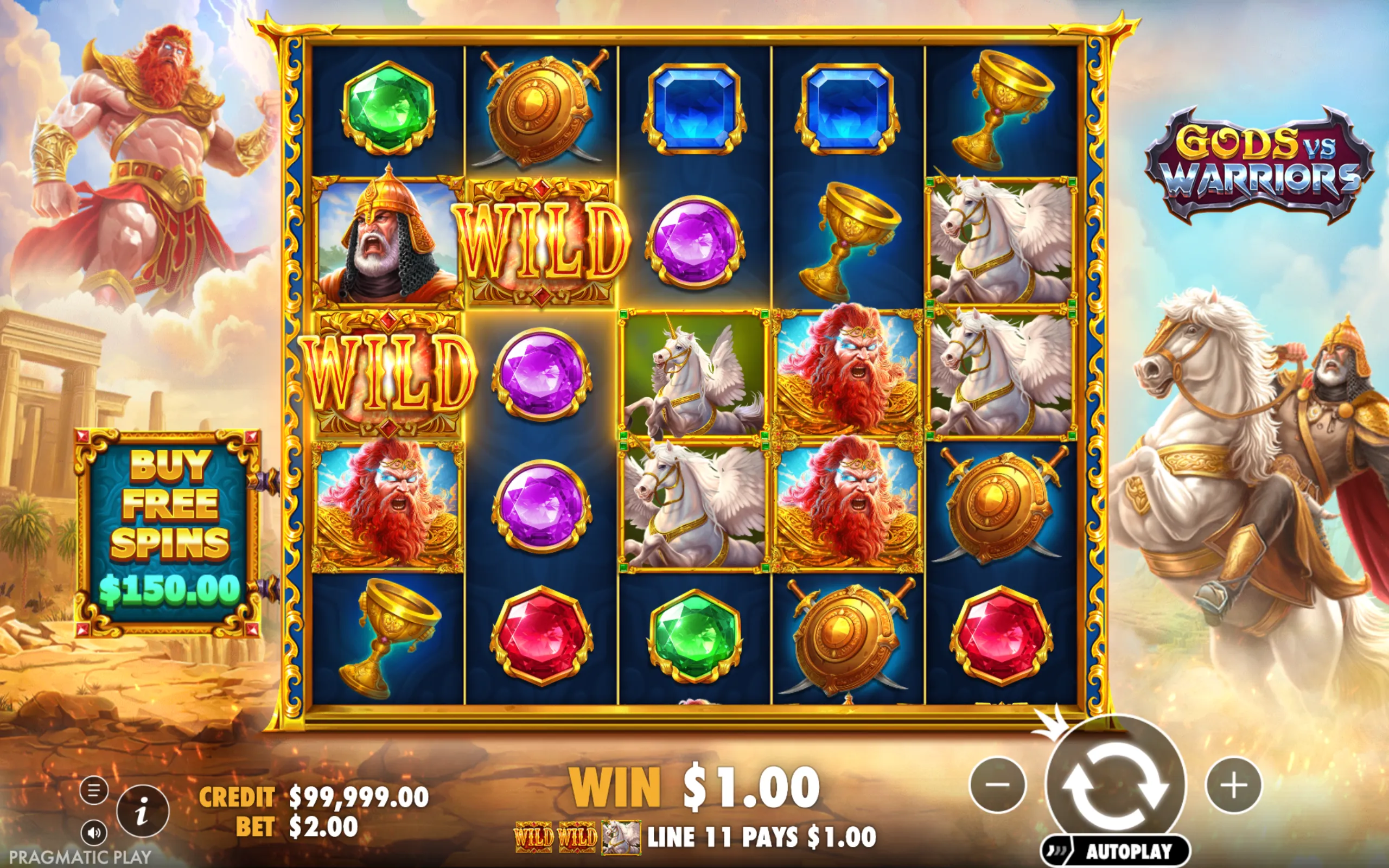 A vibrant slot game interface featuring mythological gods and warriors with symbols like gems, shields, chalices, and winged horses, set against a backdrop of ancient ruins and stormy skies.
