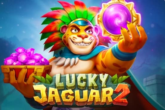 A smiling jaguar warrior with a feathered headdress holds a glowing purple orb and a chest of pink gems beneath the Lucky Jaguar 2 title.