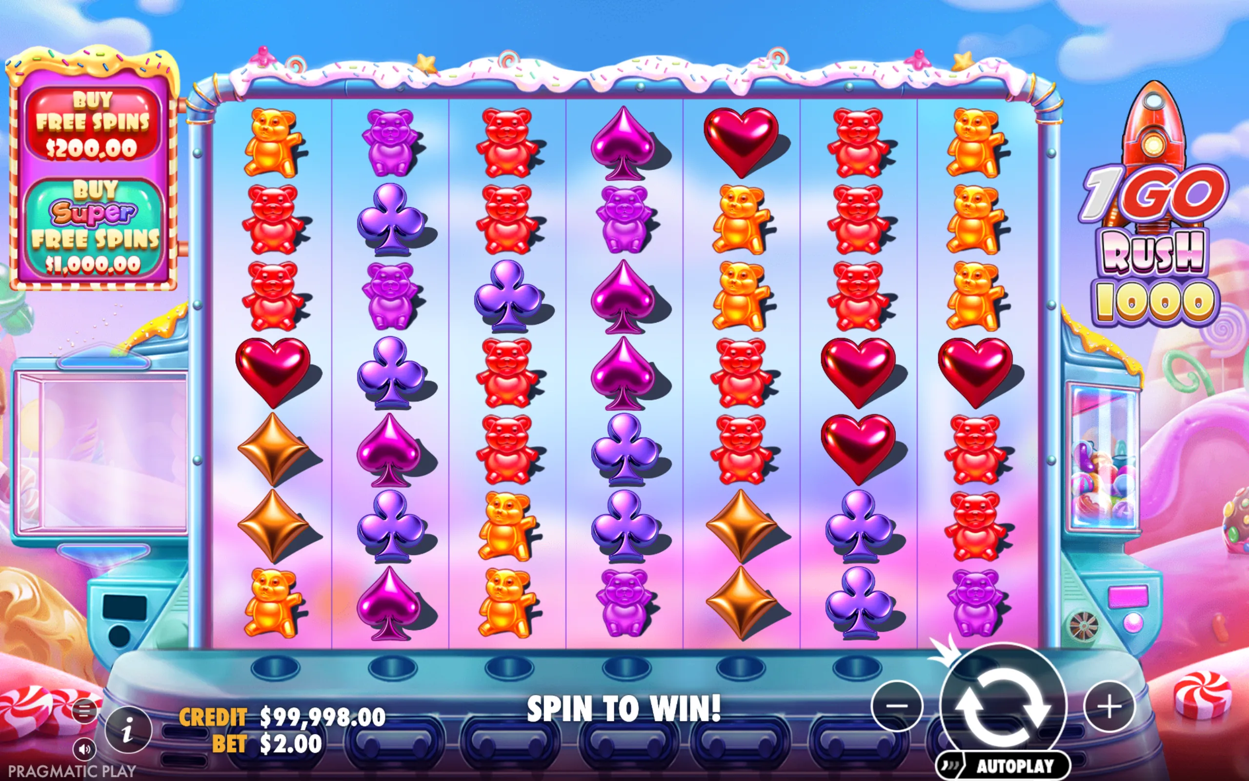 Candy-themed slot game reels featuring gummy bear symbols, card suits, and colorful buttons for buying free spins, set against a pastel sky background.