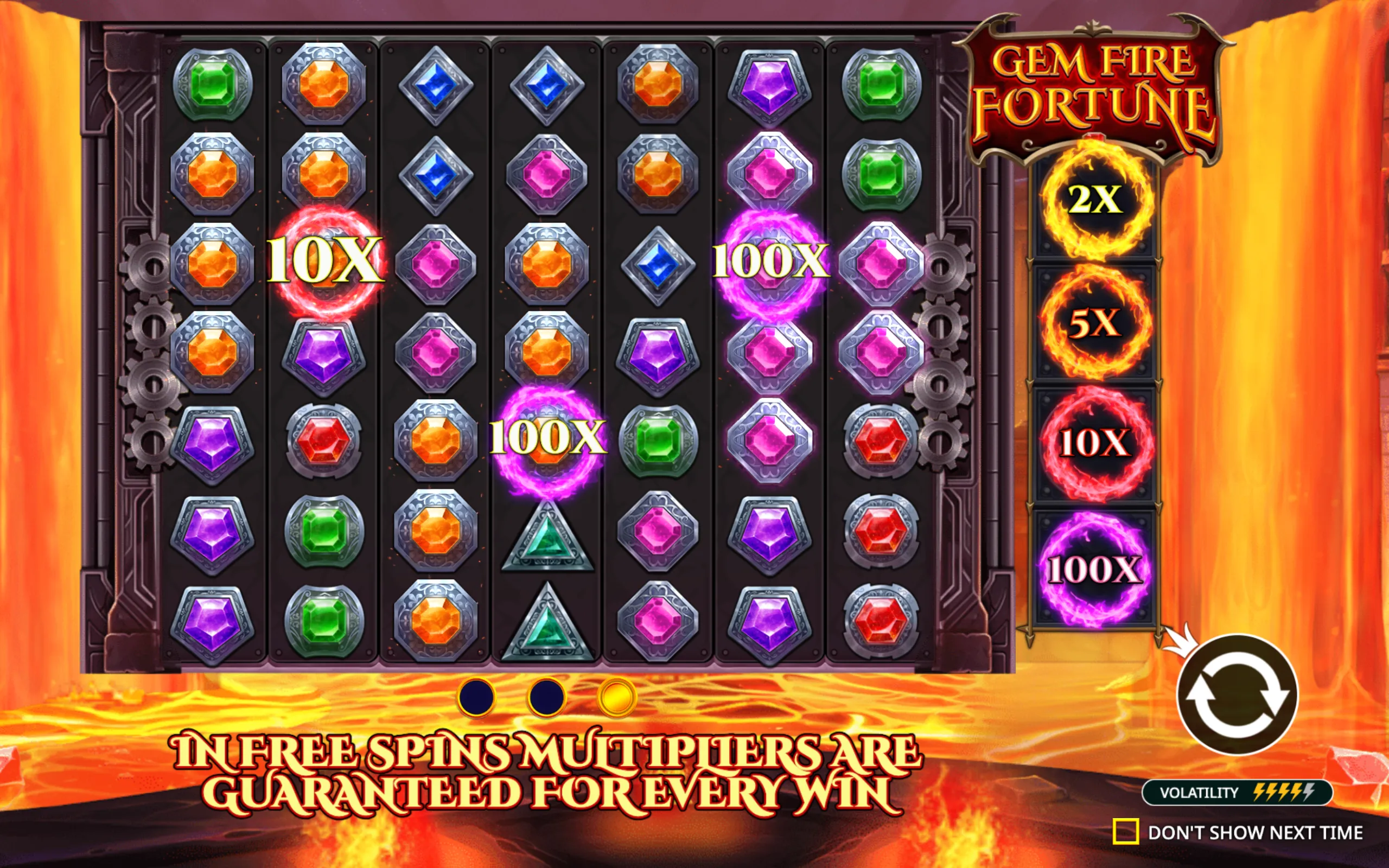 A slot game interface featuring colorful gem symbols on a dark grid with fiery multiplier rings and a lava-themed background.