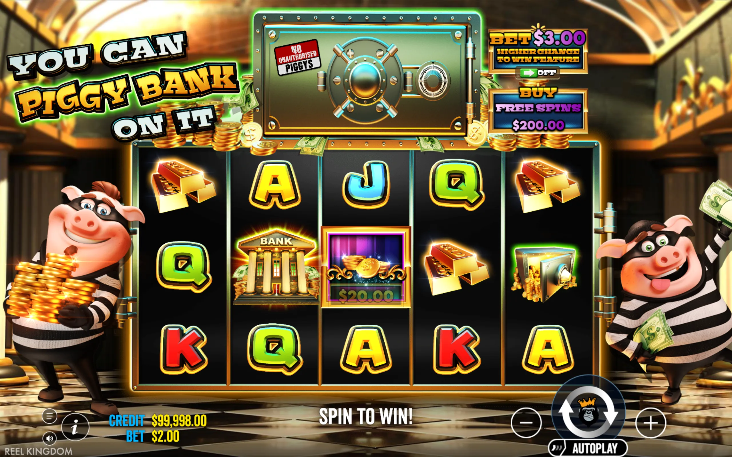 Slot game featuring cartoon thief pigs, gold bars, coins, bank symbols, and a vault door, set in a bank heist theme with bright and colorful graphics.