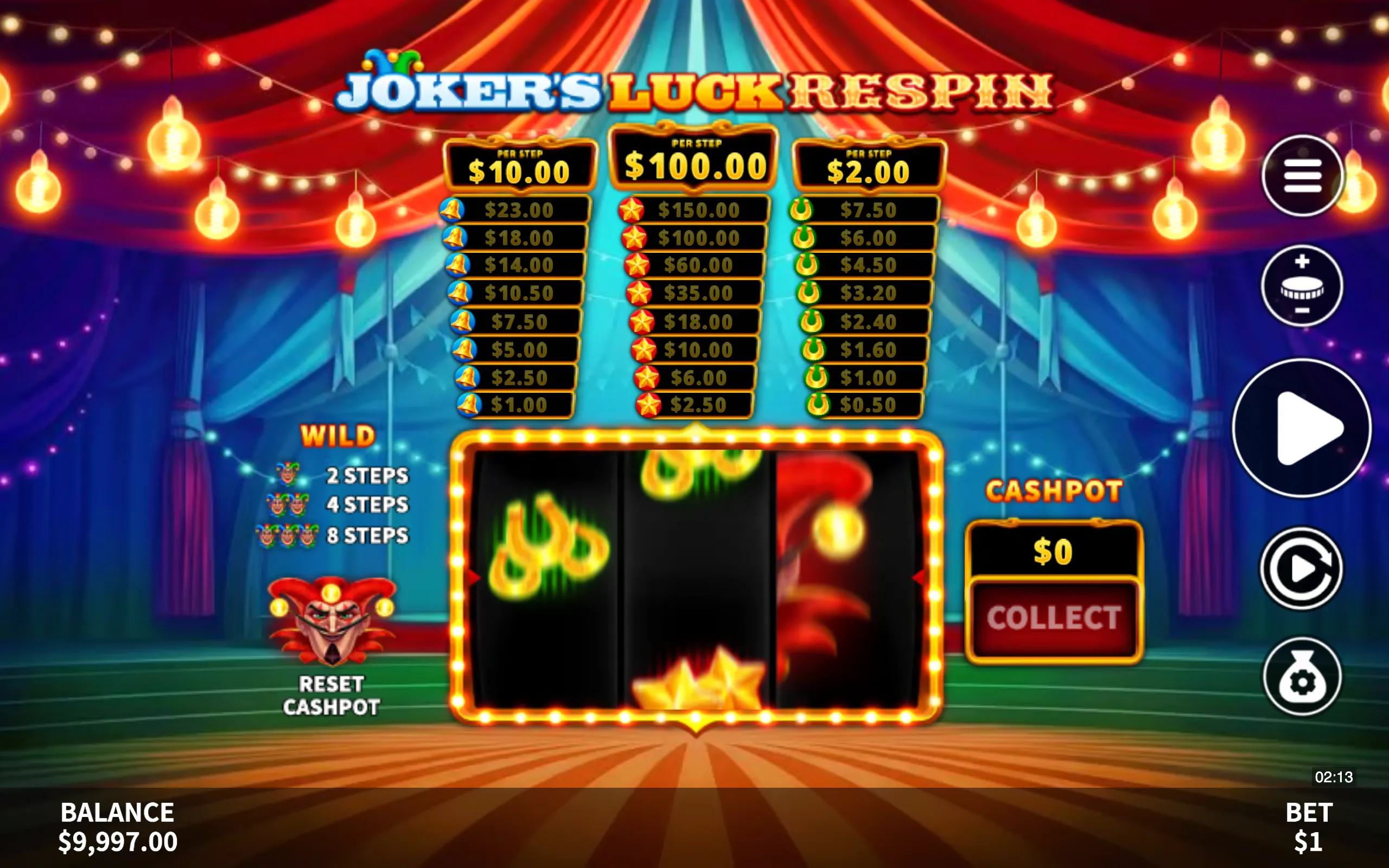 Joker's Luck Respin slot game interface with a carnival tent backdrop, illuminated prize tables, and a joker character symbolizing wilds and respin features.