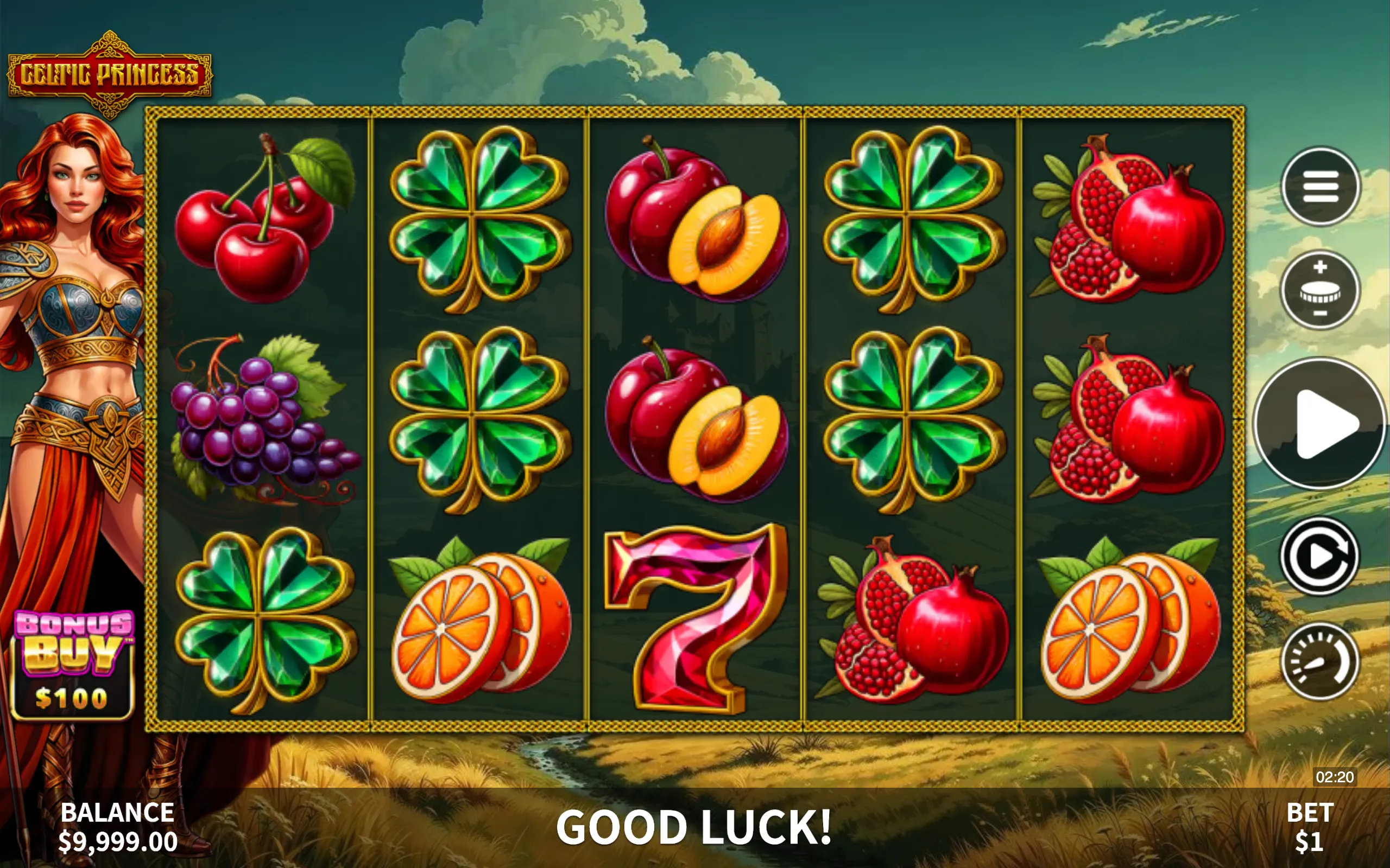 Celtic Princess slot game featuring a red-haired warrior princess, green four-leaf clover symbols, and various fruit icons like cherries, grapes, plums, pomegranates, and oranges on a dark green reel background.