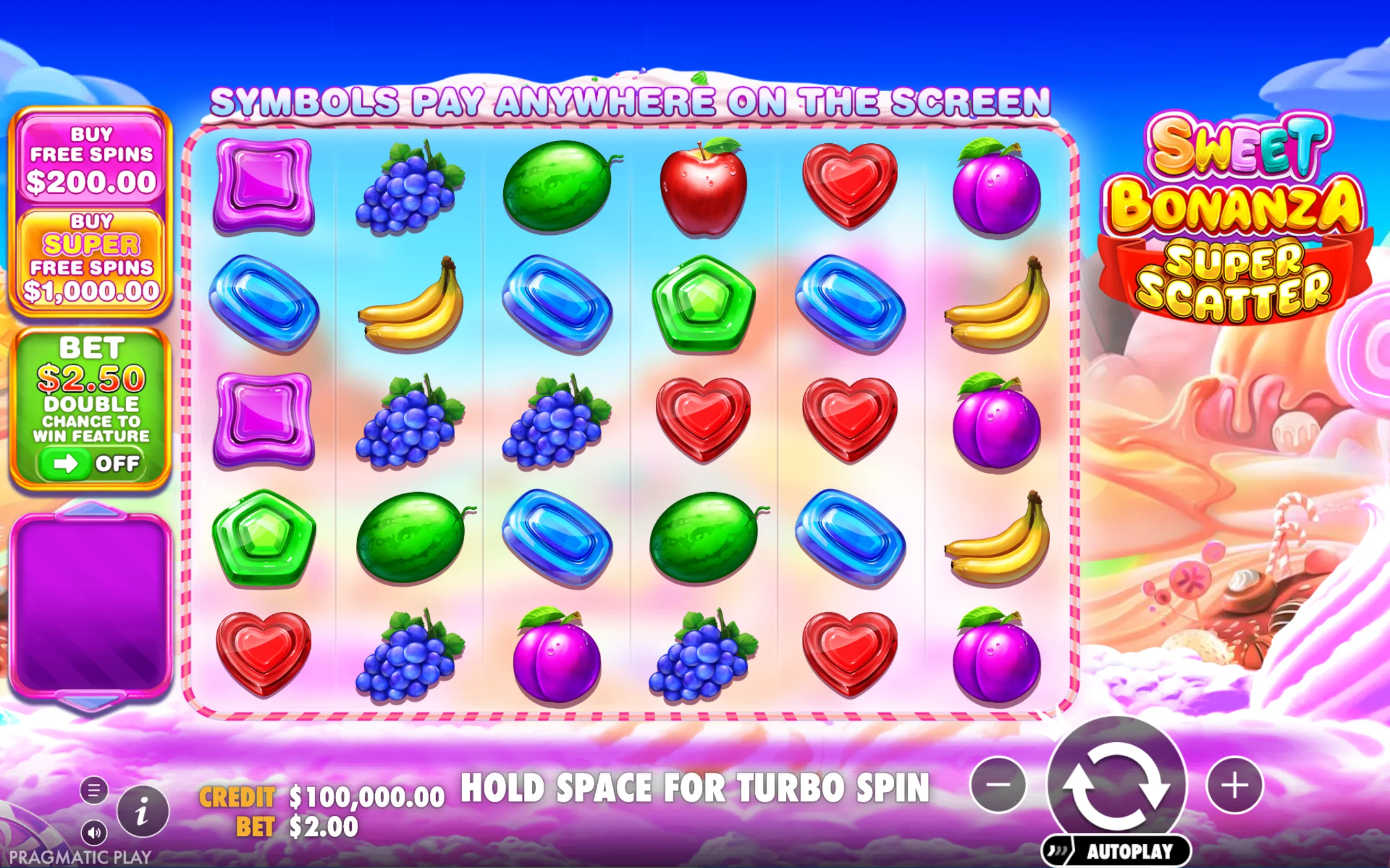 Sweet Bonanza Super Scatter slot game with vibrant candy and fruit symbols on reels, featuring options to buy free spins and super free spins.