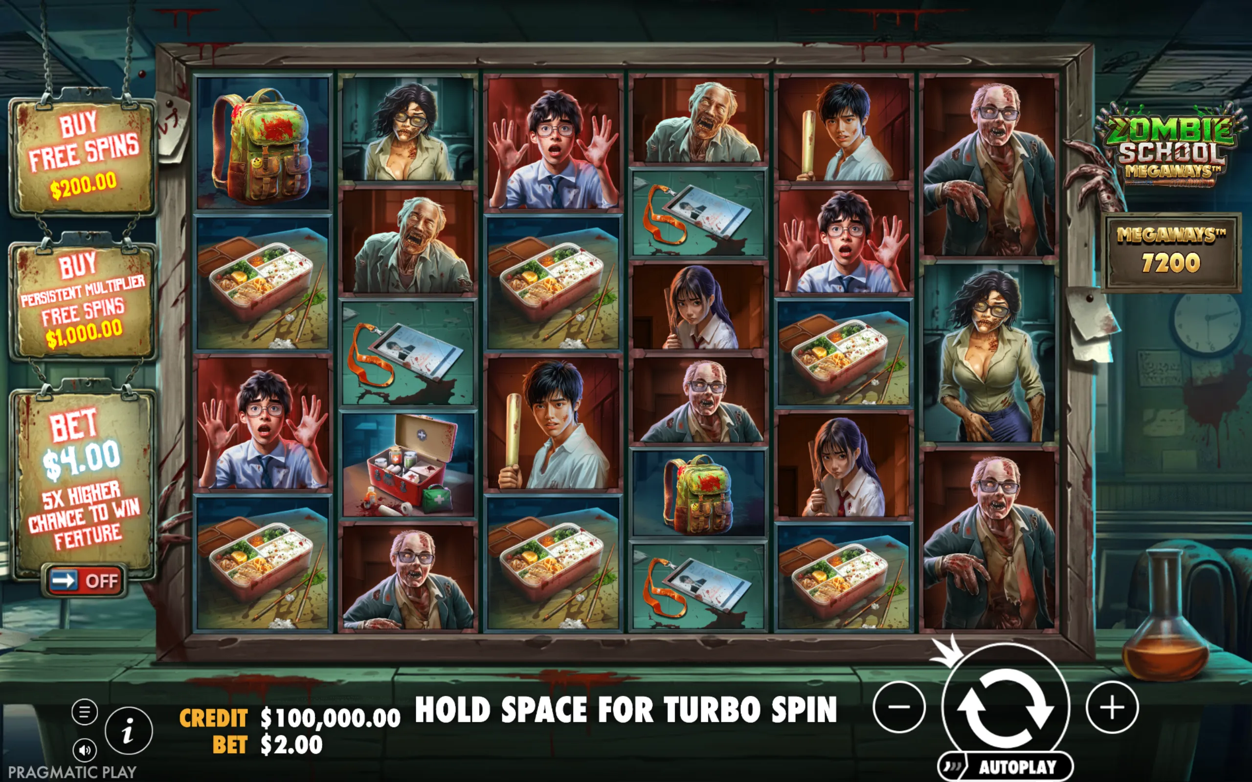 Zombie School Megaways slot featuring a horror school setting with zombie students and teachers, bloody backpacks, lunchboxes, and medical kits as symbols.