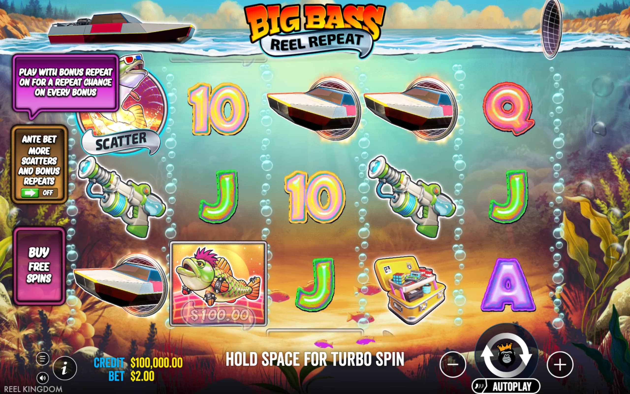 Underwater themed slot game featuring fishing boats, aquatic symbols, and bonus scatter fish with colorful animated letters and game controls visible.