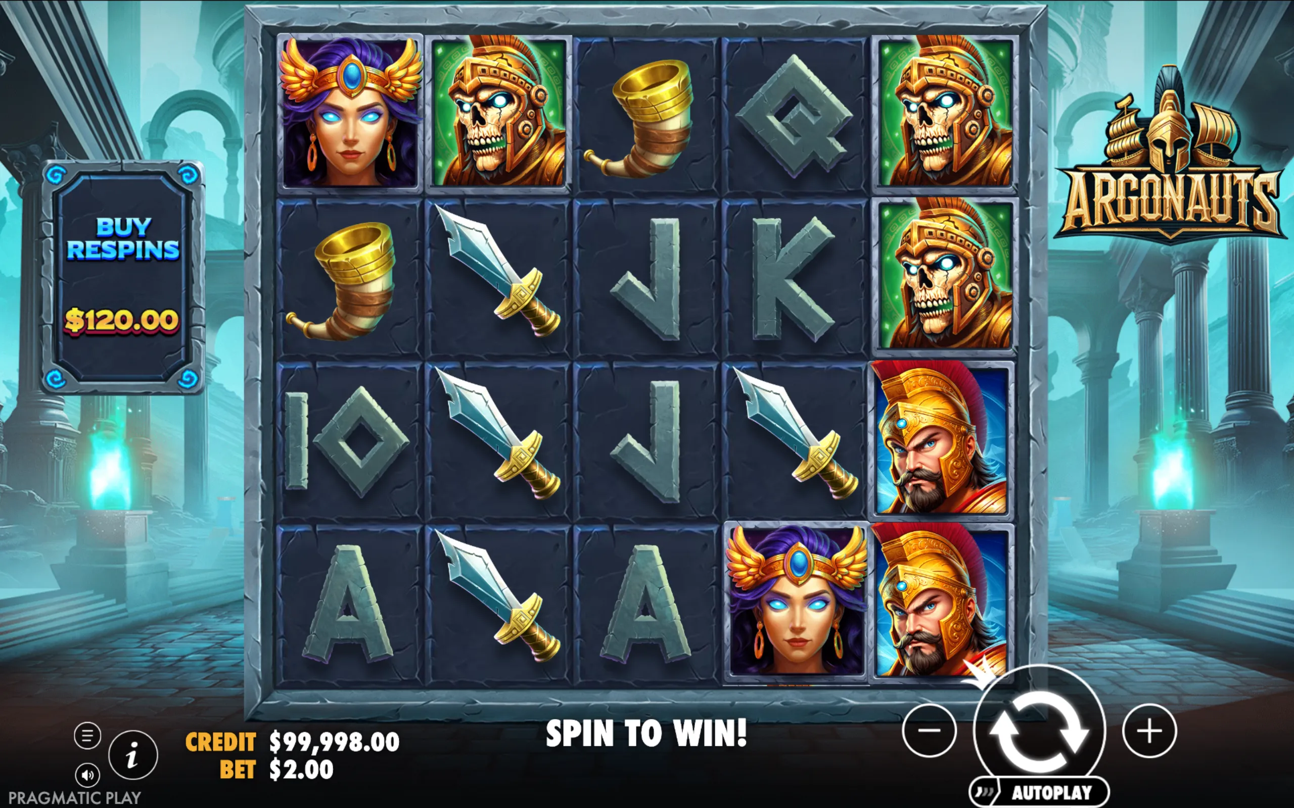 Slot game Argonauts features mythological characters and symbols on stone-like reels with a backdrop of ancient Greek ruins.