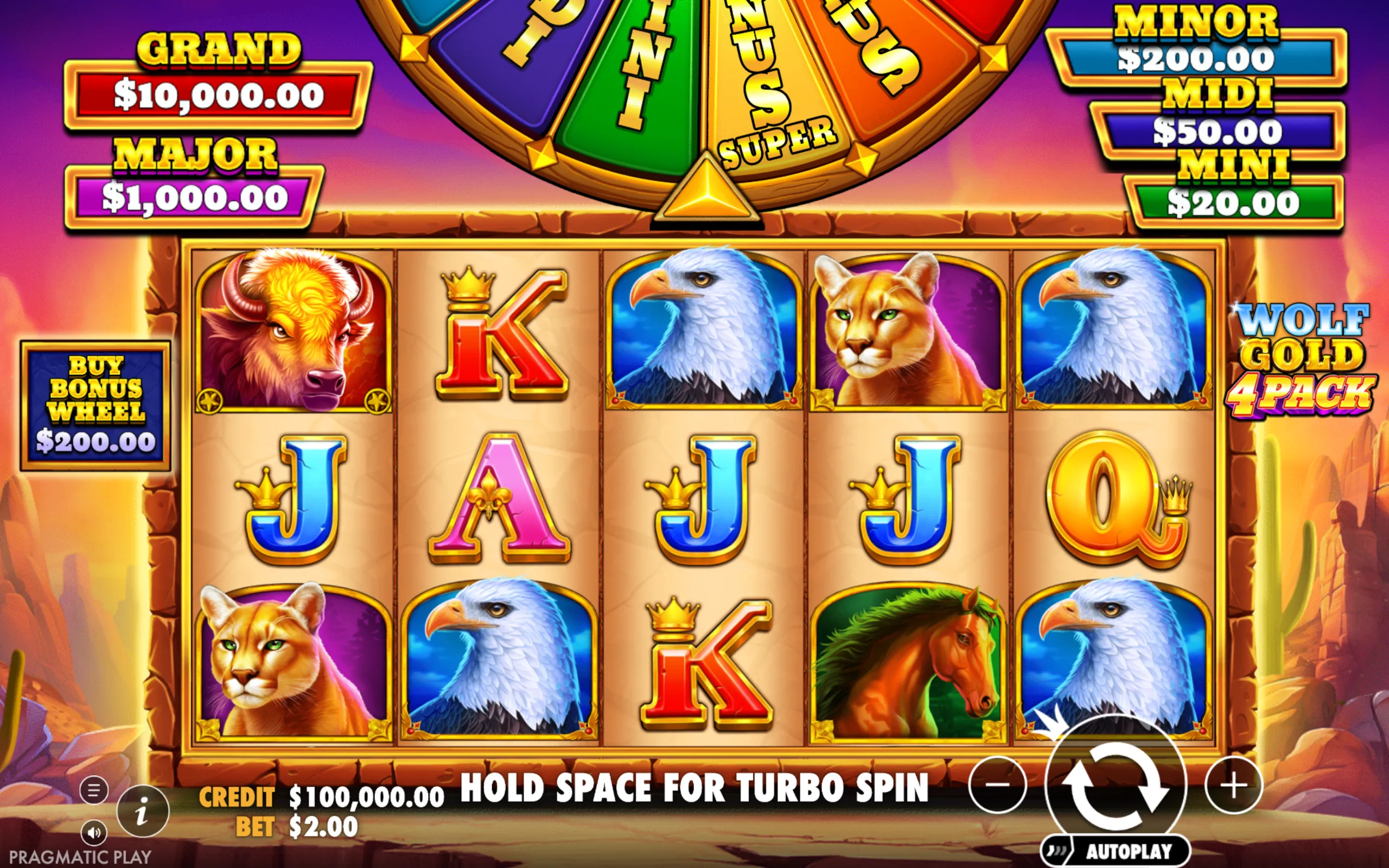 Slot game interface featuring animal symbols like eagle, cougar, buffalo, and horse with a colorful bonus wheel and jackpot tiers displayed prominently.