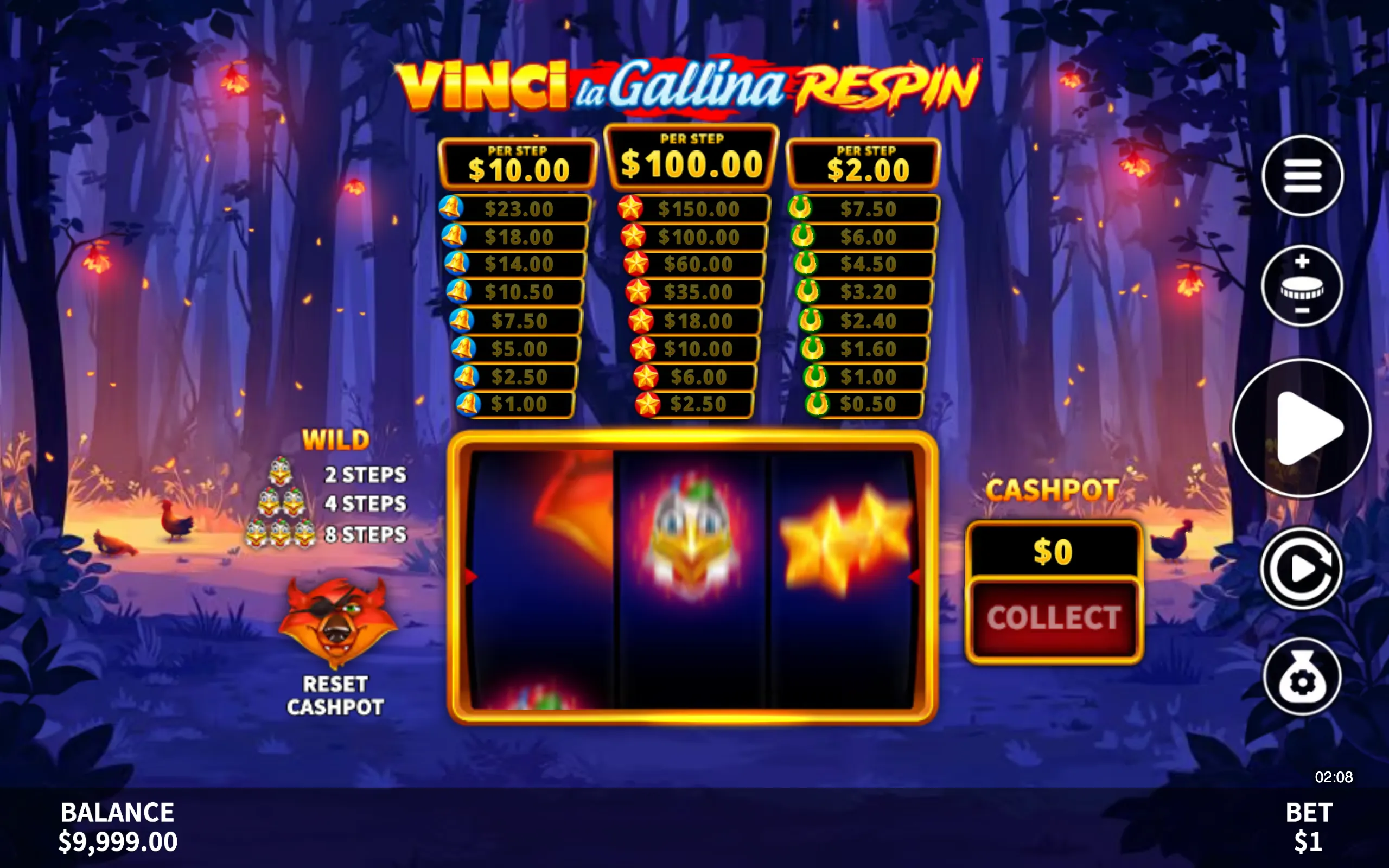 Vinci La Gallina Respin slot game interface with colorful symbols, payout tables, and a dark forest background with glowing lanterns.