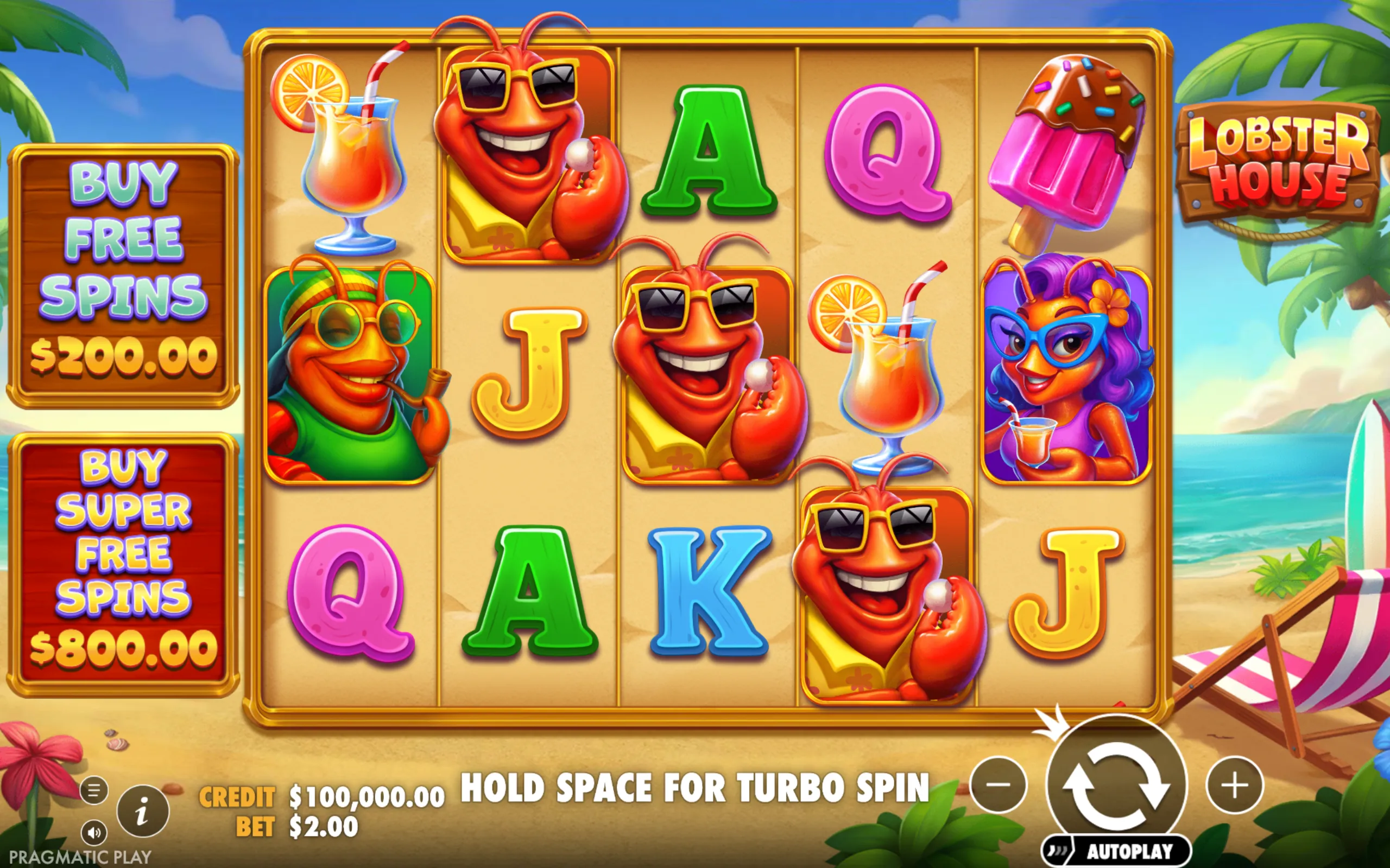 Bright and colorful slot reels featuring cartoon lobsters in sunglasses, tropical drinks, ice cream, and vibrant playing card symbols set against a beach backdrop.