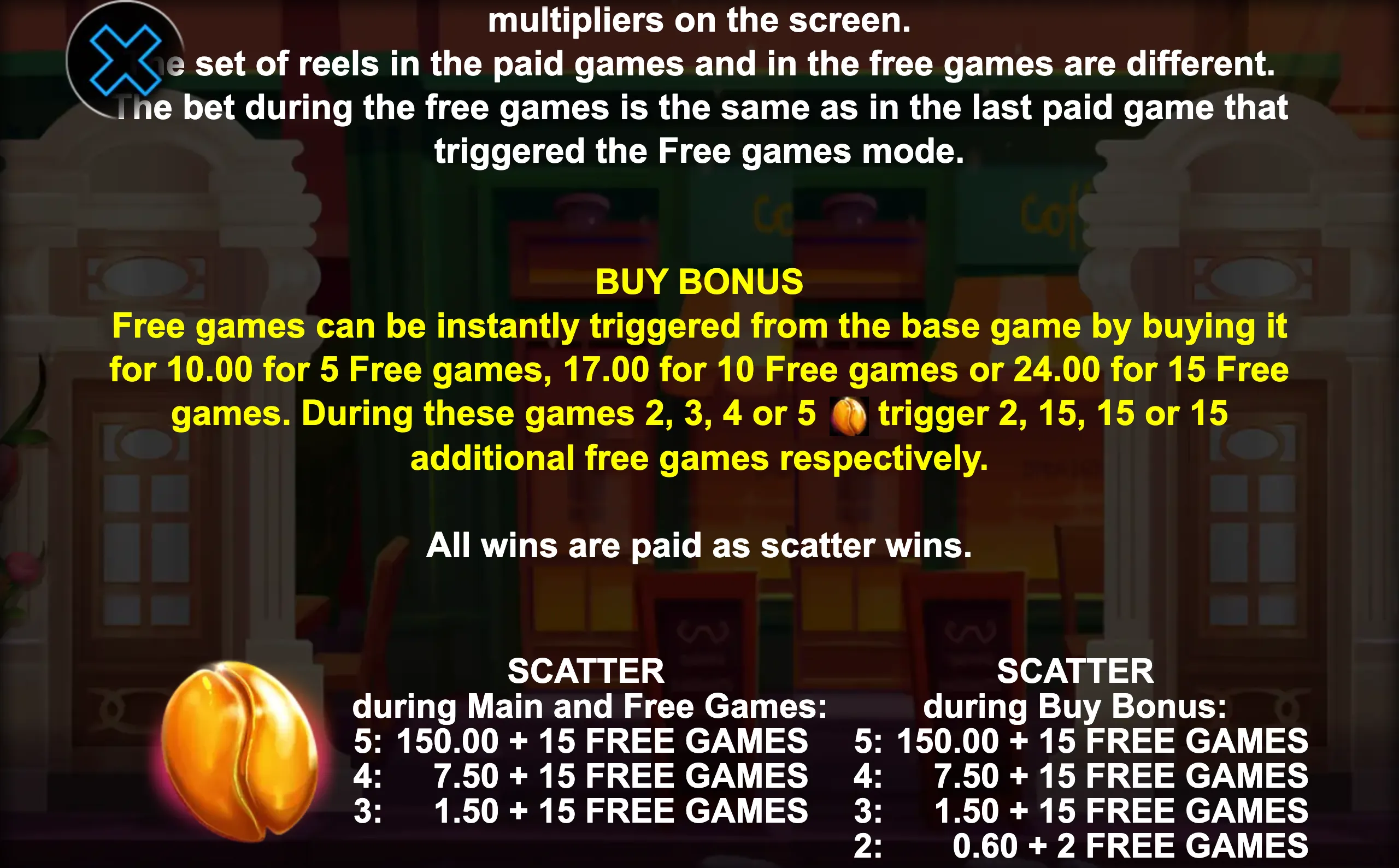 100x Coffee Hot slot game preview with coffee-themed symbols and bonus game details