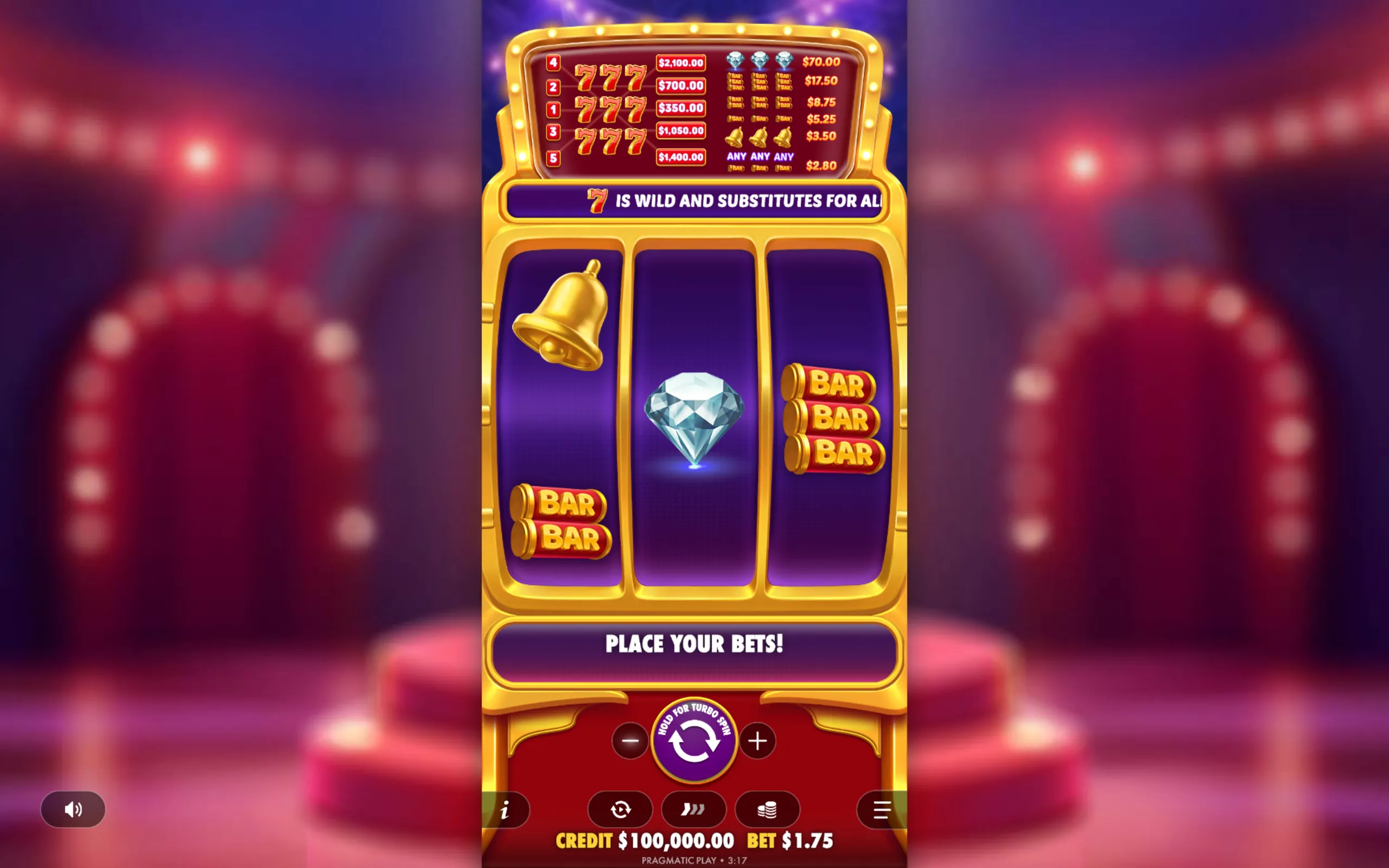 A vibrant slot game interface featuring classic symbols like bells, diamonds, and triple bars with a jackpot payout table and a wild 7 symbol.