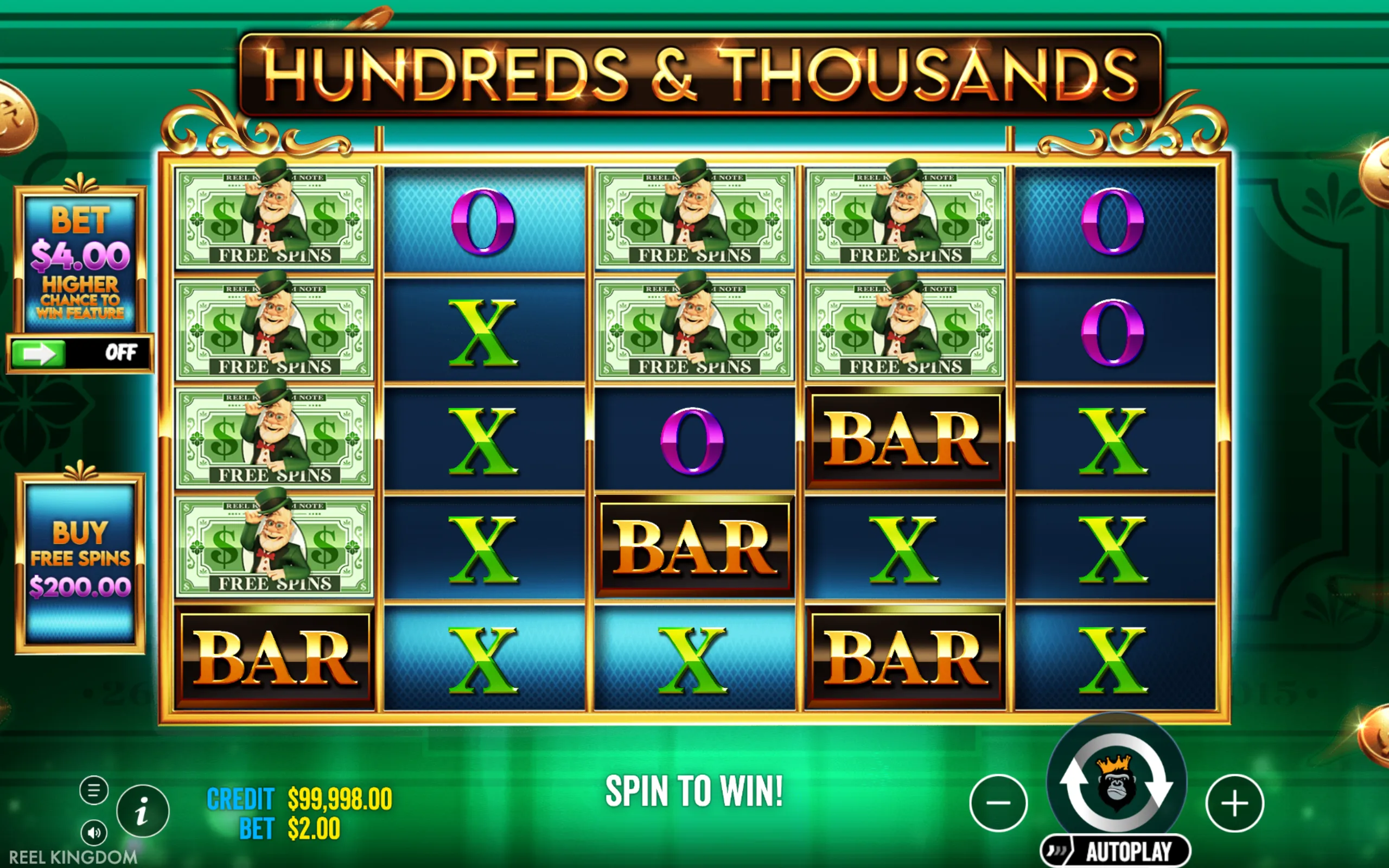Slot game Hundreds & Thousands features classic symbols like BAR, X, and O alongside a leprechaun character on dollar bill free spin icons, set against a green backdrop.