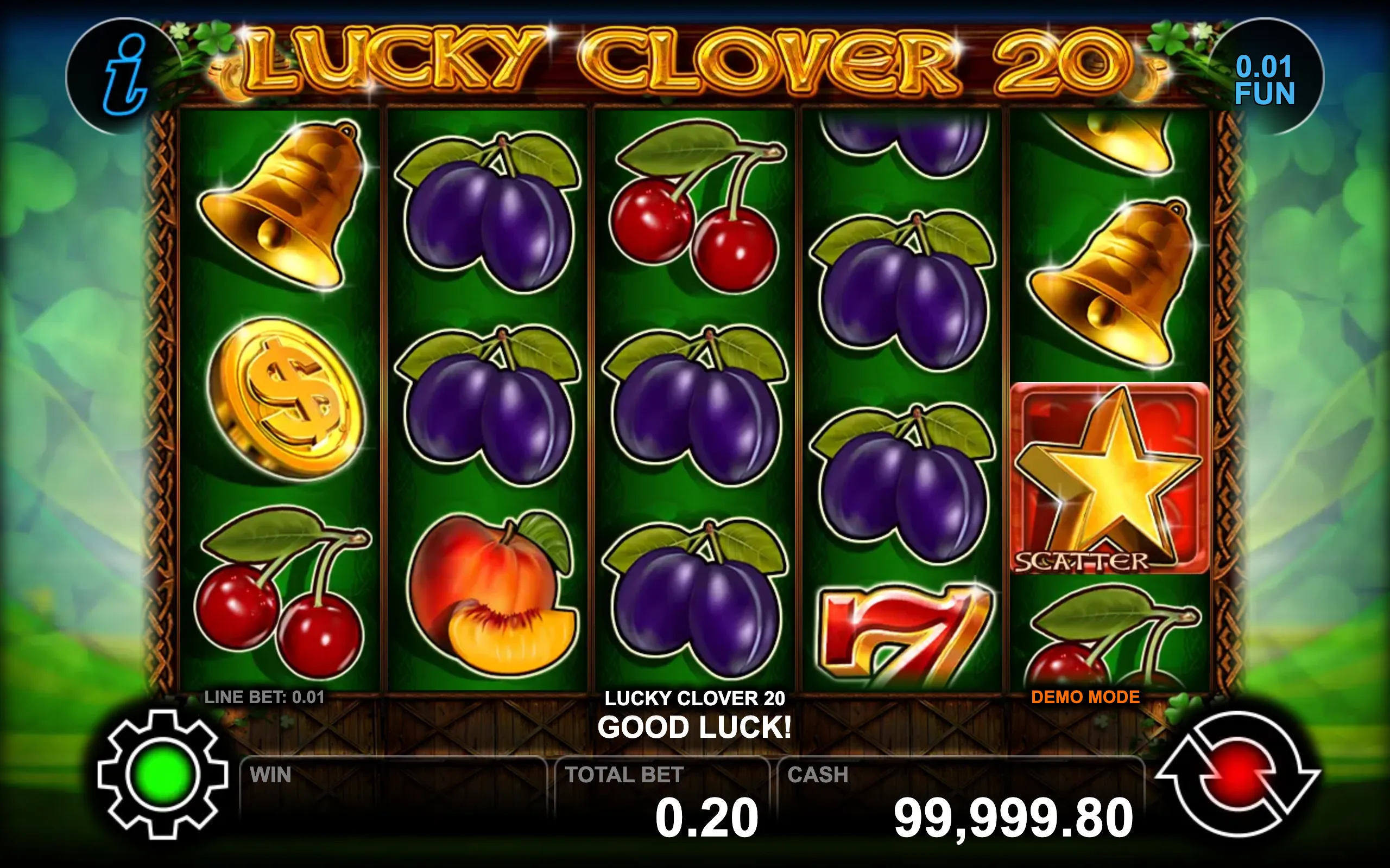 Lucky Clover 20 slot game preview featuring traditional fruit symbols, golden bells, coins, and a scatter star on a green background.