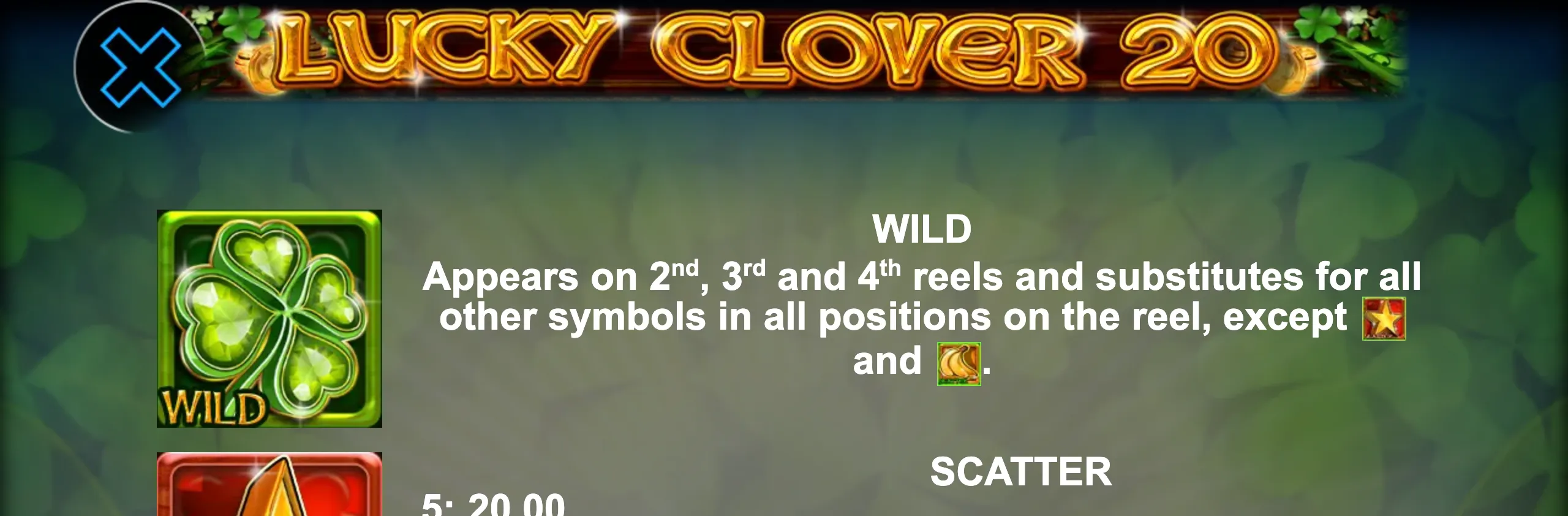 Lucky Clover 20 slot game preview featuring a sparkling green clover wild symbol and golden text.