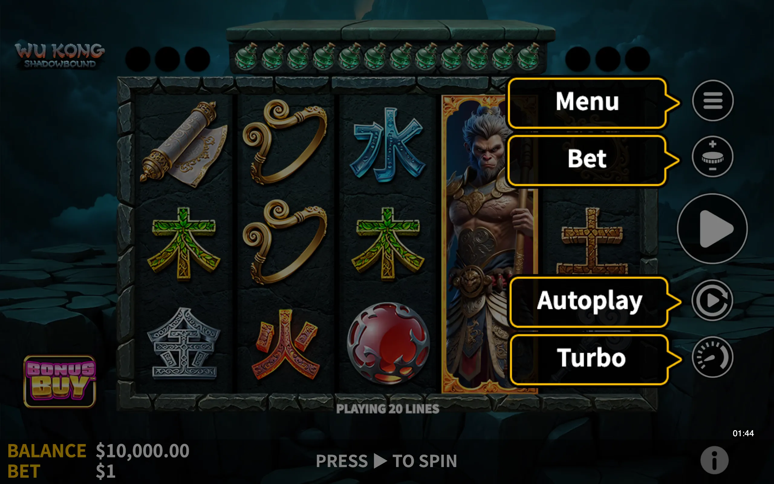 Wu Kong Shadowbound symbol payouts on the game board