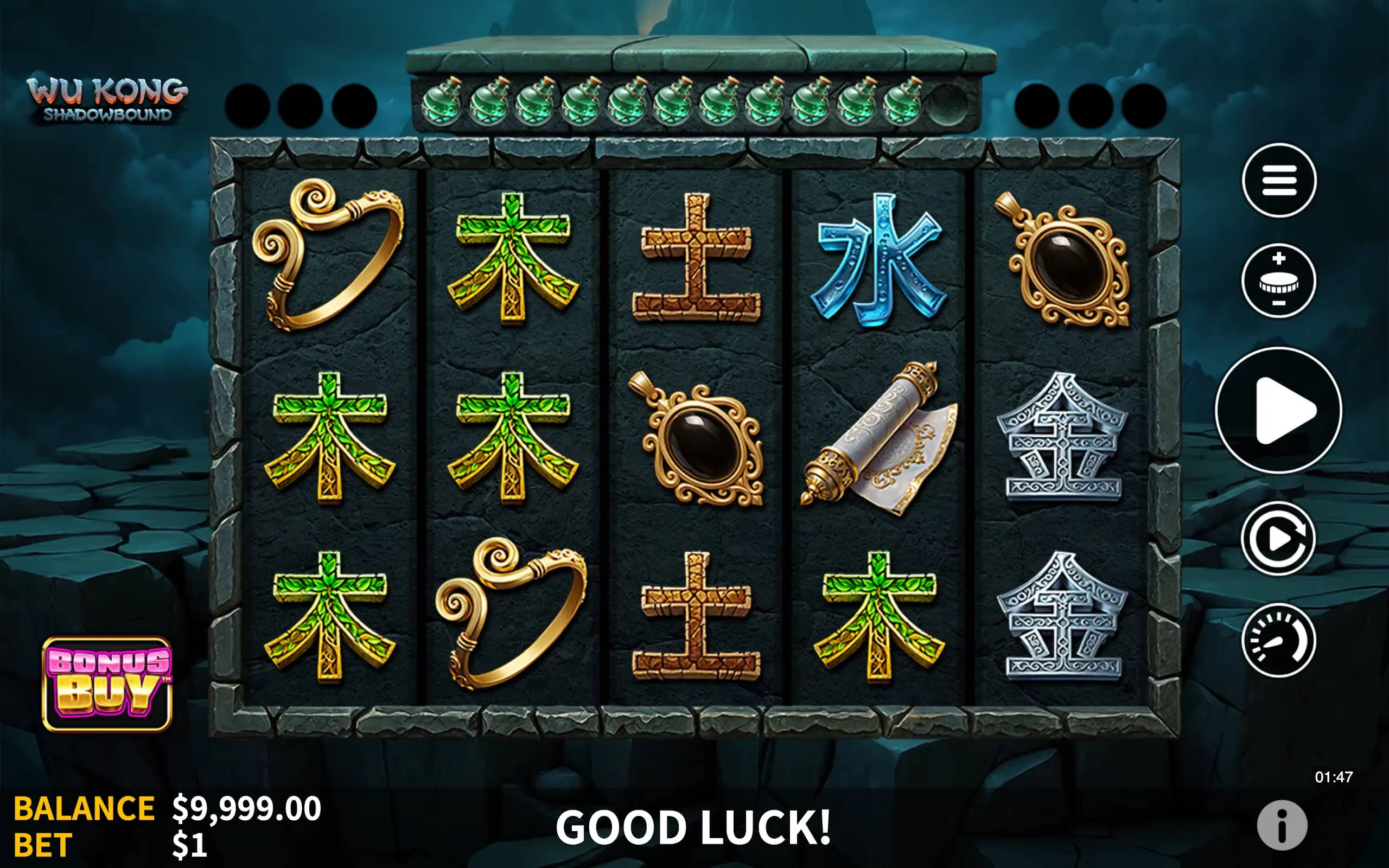 Wu Kong Shadowbound slot game interface with stone-carved reels featuring ornate symbols inspired by East Asian culture, set against a dark, mystical backdrop.