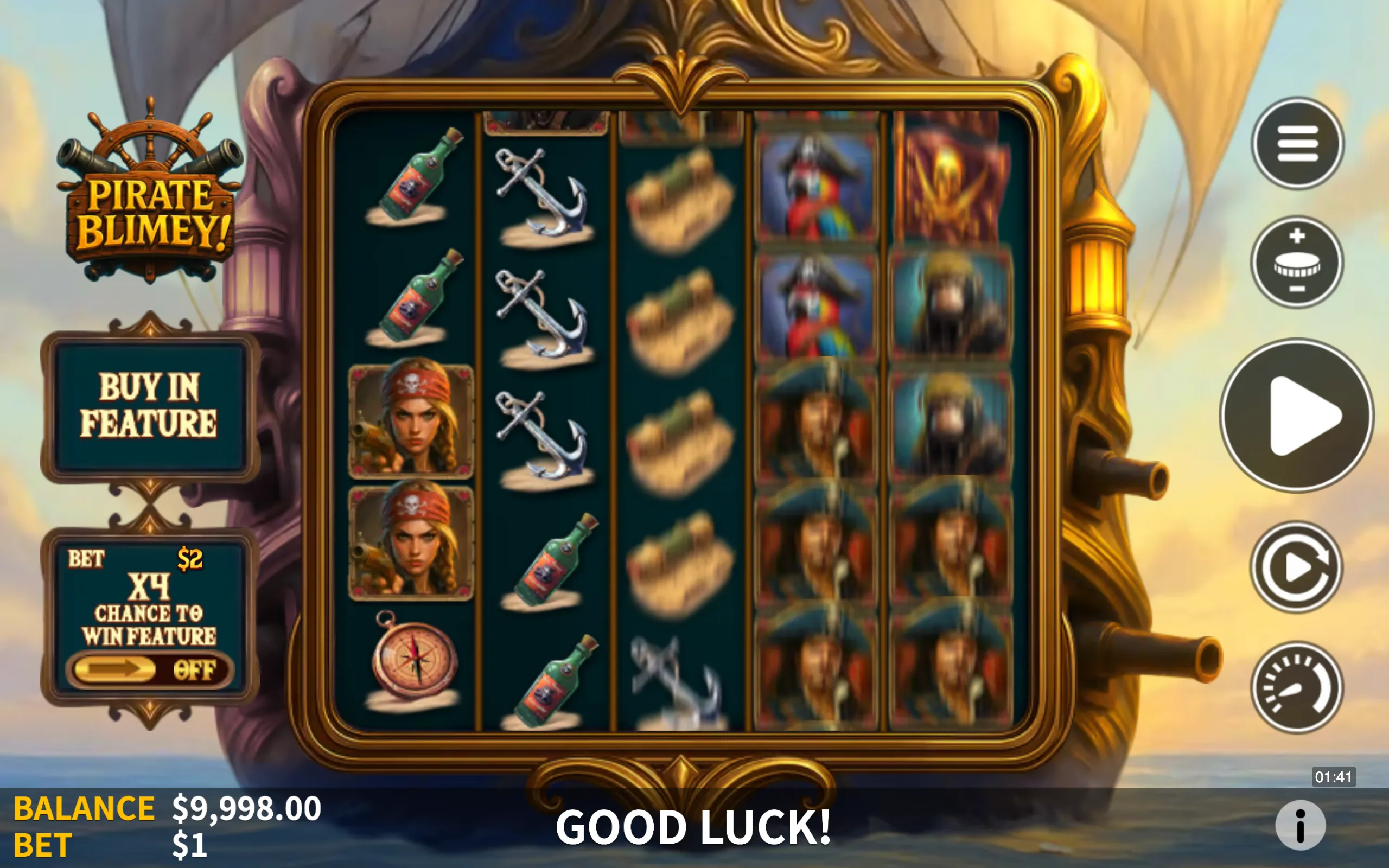 Pirate Blimey slot game with pirate symbols like anchors, bottles, compasses, and characters on a ship-themed reel set