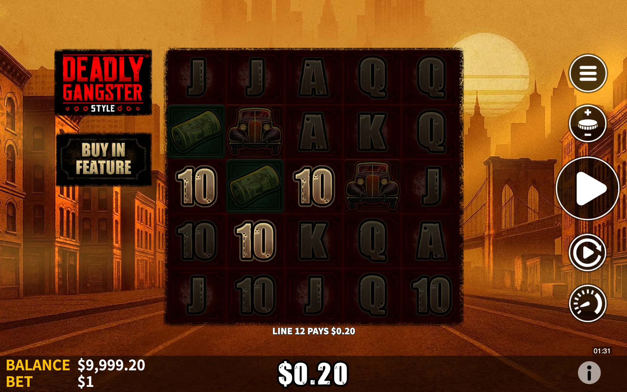 Deadly Gangster Style slot game interface with classic gangster-themed symbols including vintage cars and money rolls, set against a sepia-toned city street backdrop at sunset.
