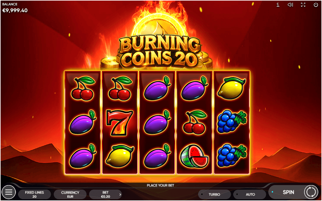 A 5x3 slot reel displays fruit symbols including cherries, plums, lemons, grapes, a red seven, and game UI elements.