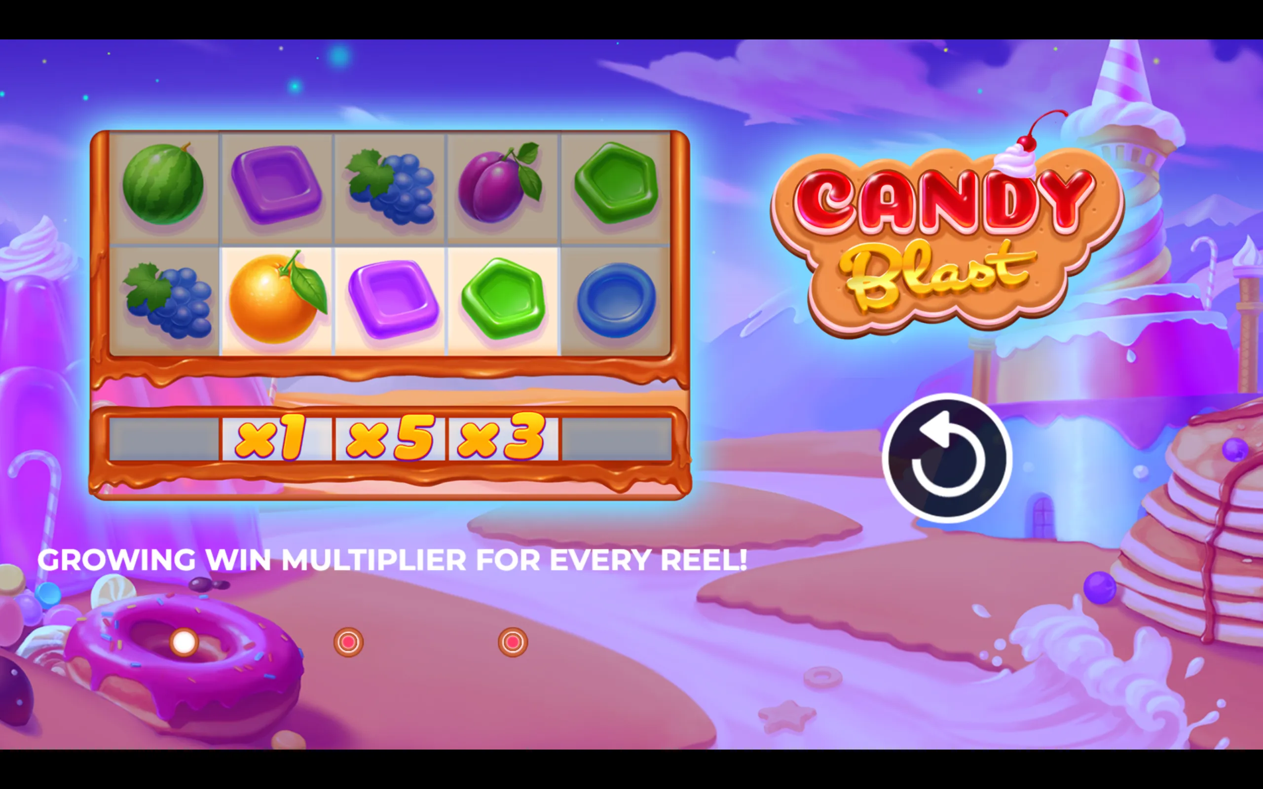 Candy Blast slot game featuring vibrant candy and fruit symbols on reels with a whimsical candy land background and a growing win multiplier display.