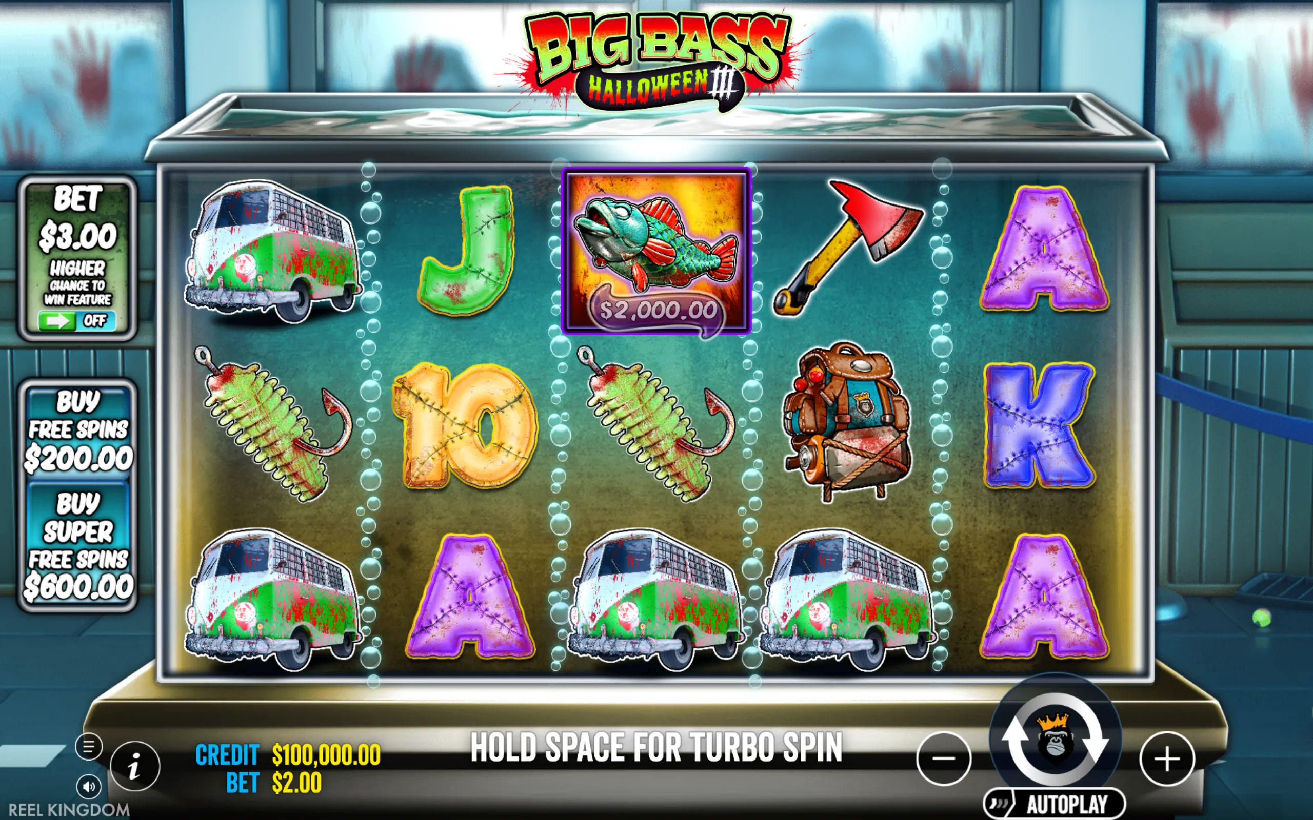 Big Bass Halloween 3 slot game with eerie fishing symbols and Halloween-themed icons like bloody vans, axes, and stitched letters, set in a chilling underwater tank with bloody handprints on windows.