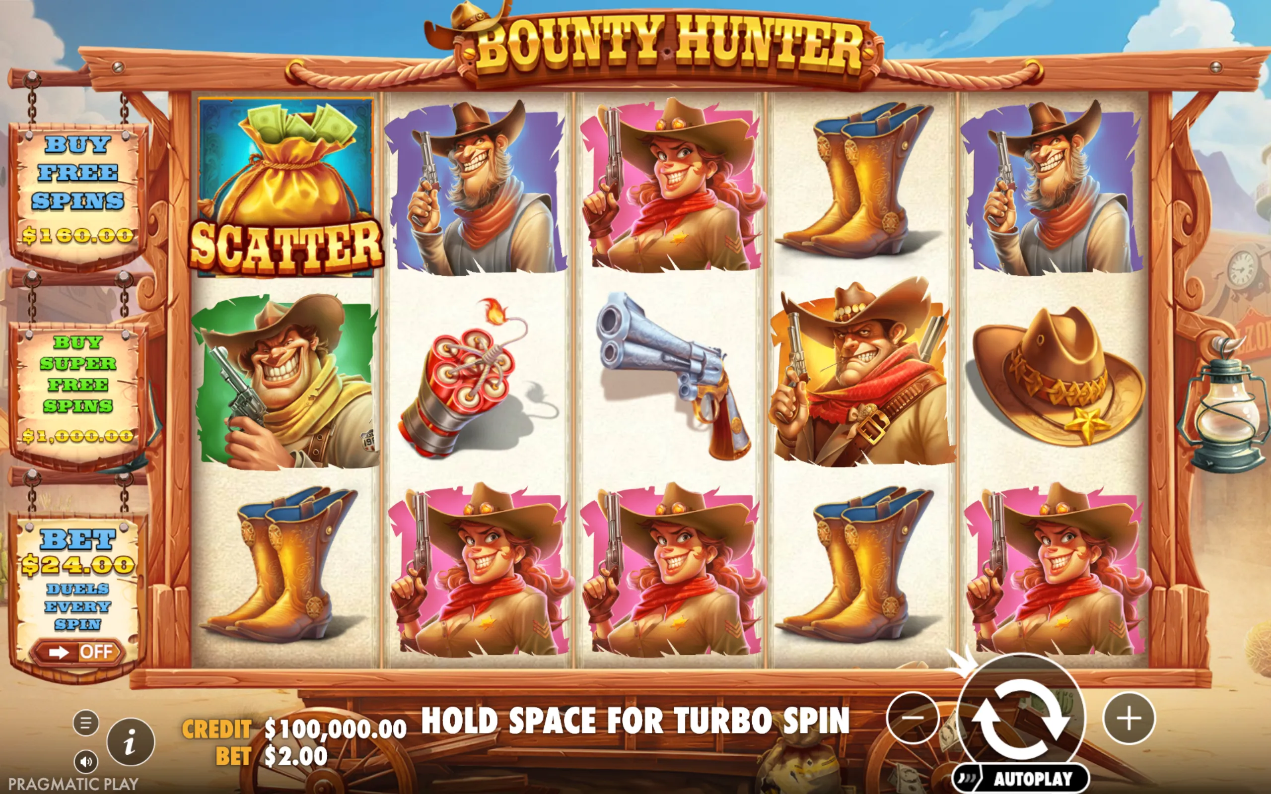 A Wild West-themed slot game interface featuring cartoonish bounty hunter characters, cowboy boots, hats, guns, and a money bag scatter symbol on wooden reels.