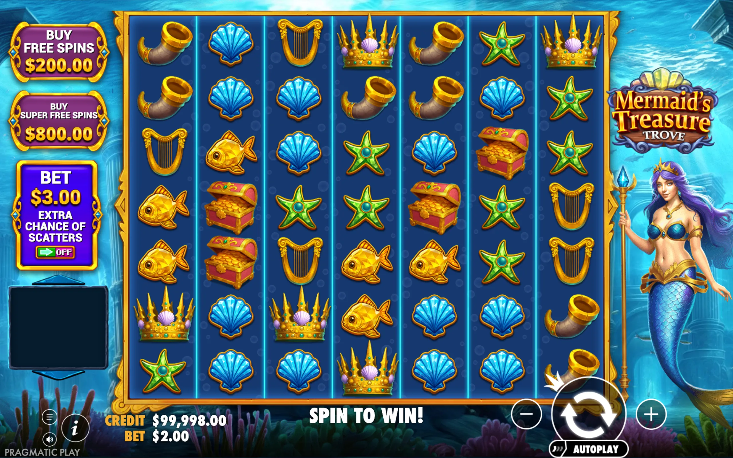 Underwater-themed slot game featuring symbols like golden fish, treasure chests, crowns, shells, and a mermaid holding a trident, set against a deep sea backdrop.