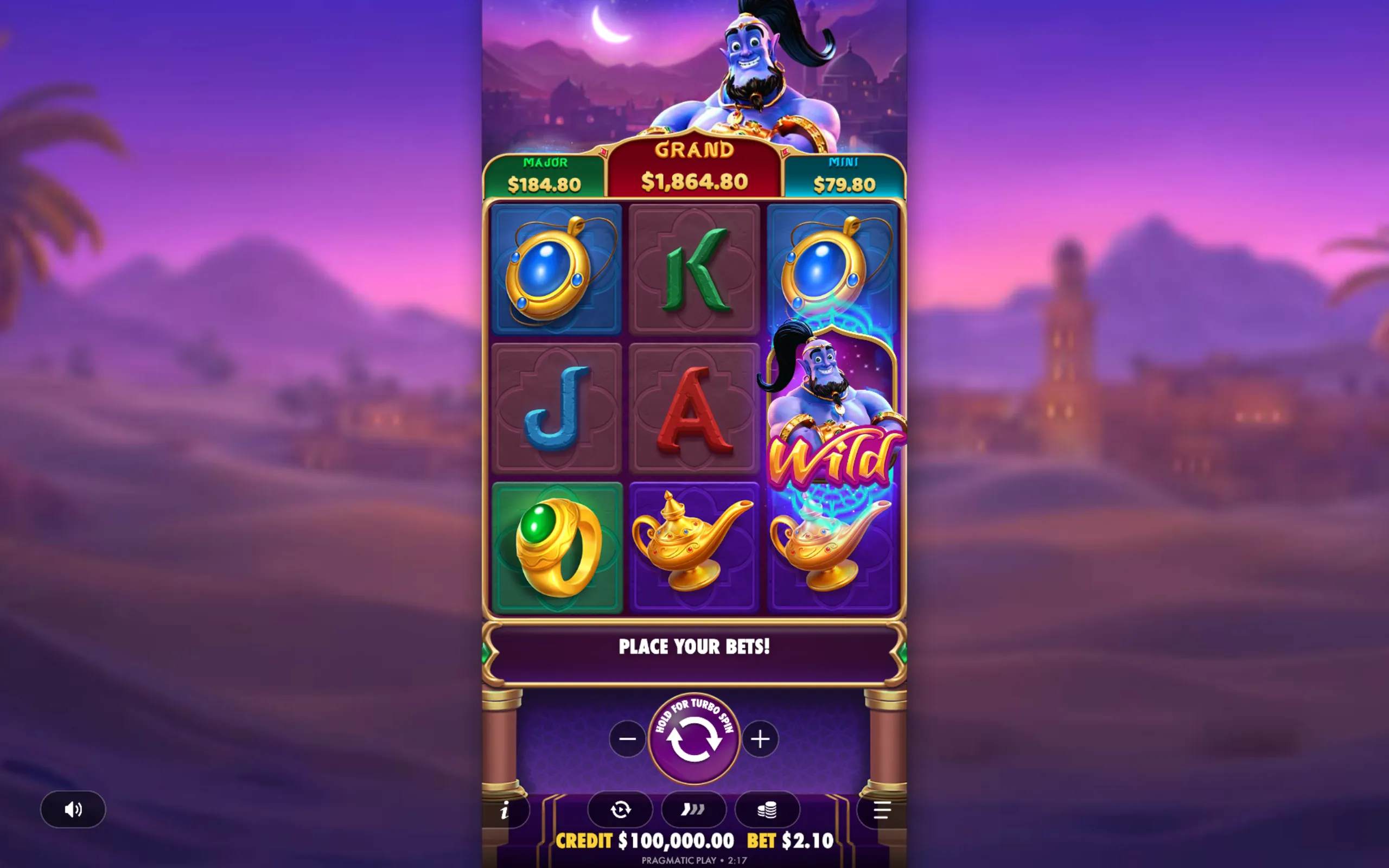 Mystic Wishes slot game interface featuring a smiling blue genie, magical symbols like a golden lamp, rings, and jewels, with jackpot tiers displayed above the reels.