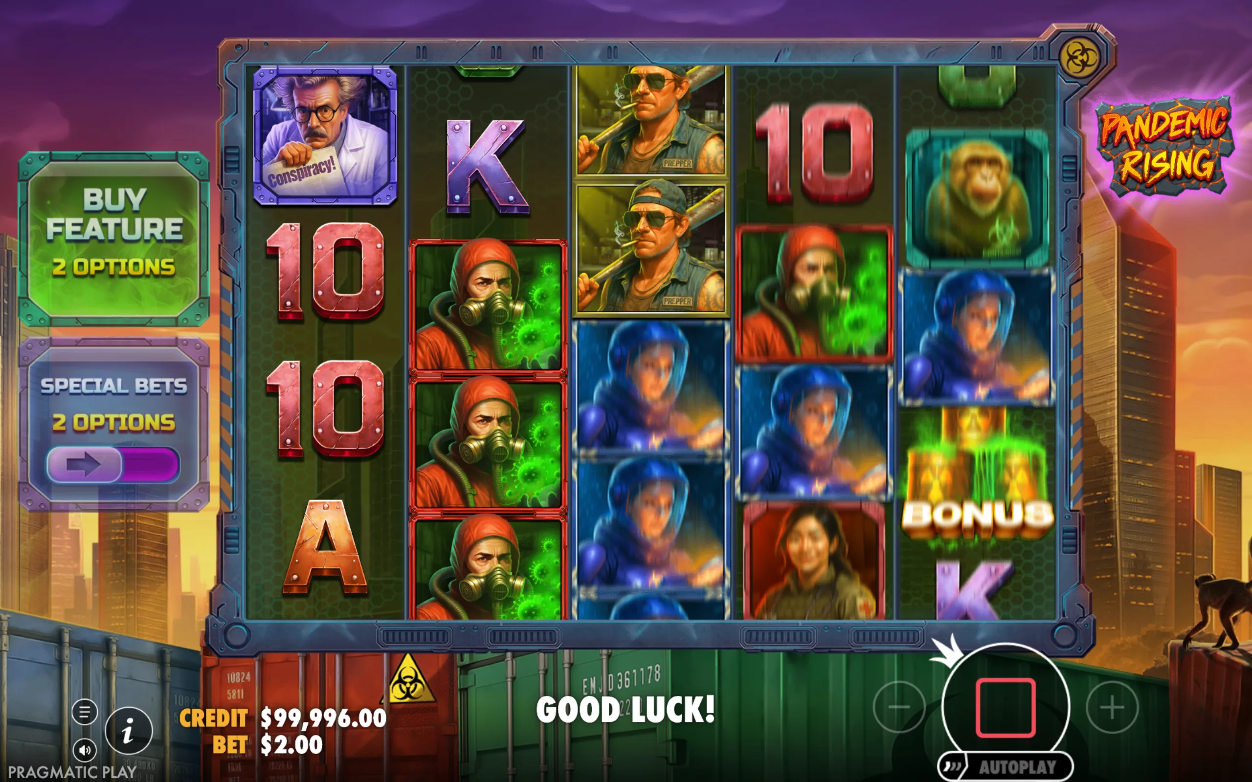 Slot game interface featuring characters in protective gear, biohazard symbols, and a gritty urban backdrop at sunset.