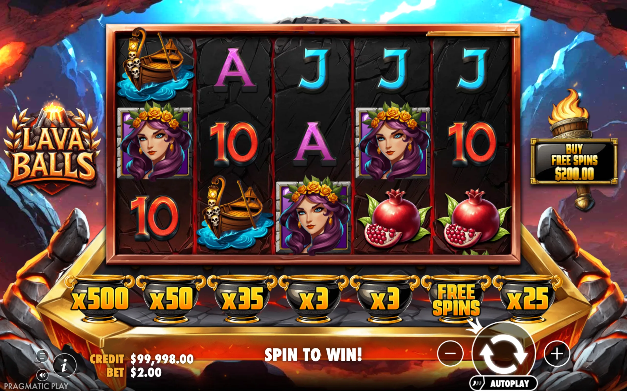 Lava Balls slot game with volcanic and fantasy symbols including a purple-haired woman, a boat with skulls, pomegranates, and card icons on dark stone reels.