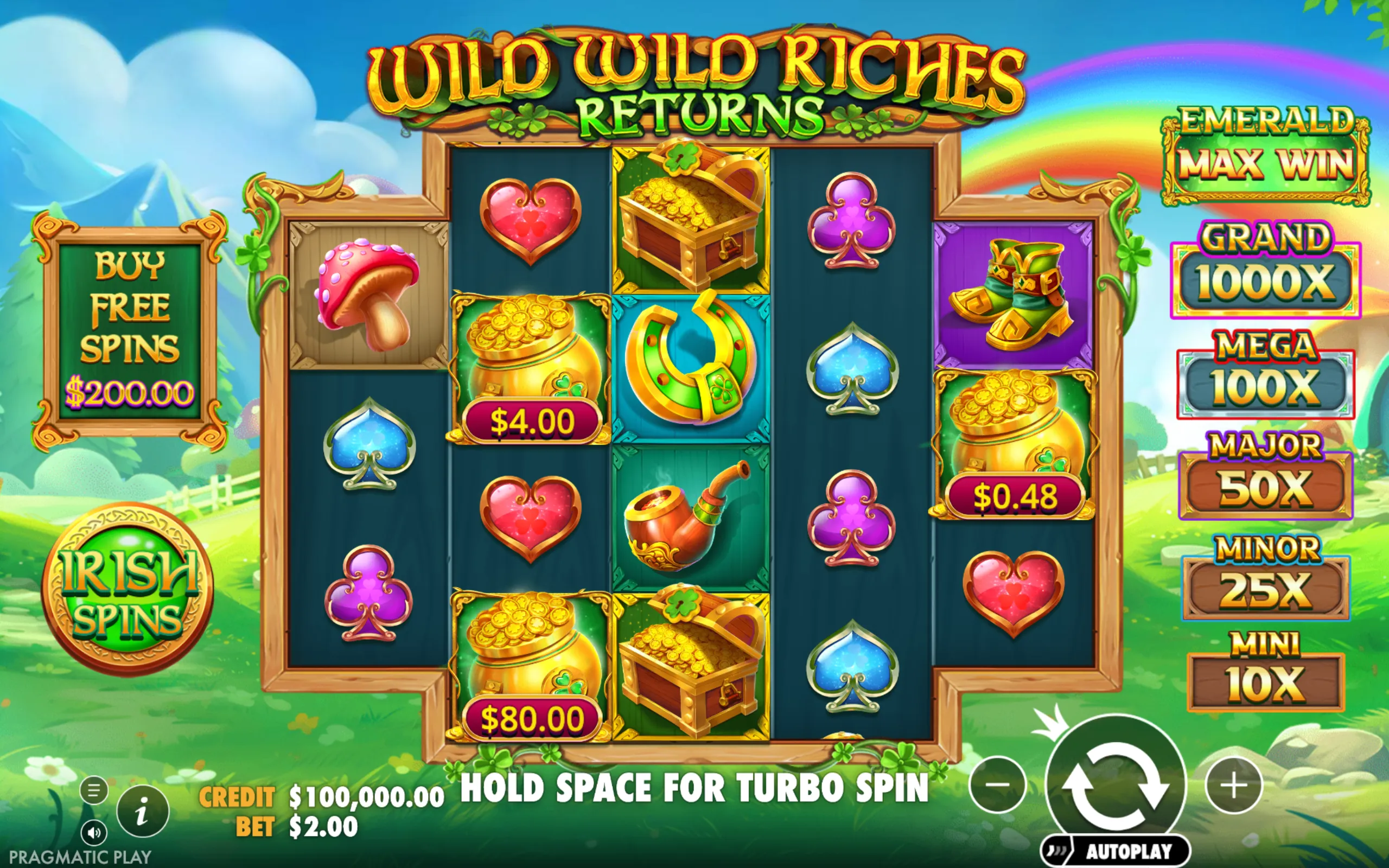 Wild Wild Riches Returns slot game with Irish luck symbols, gold coins, and jackpot tiers displayed alongside a vibrant rainbow and green landscape.