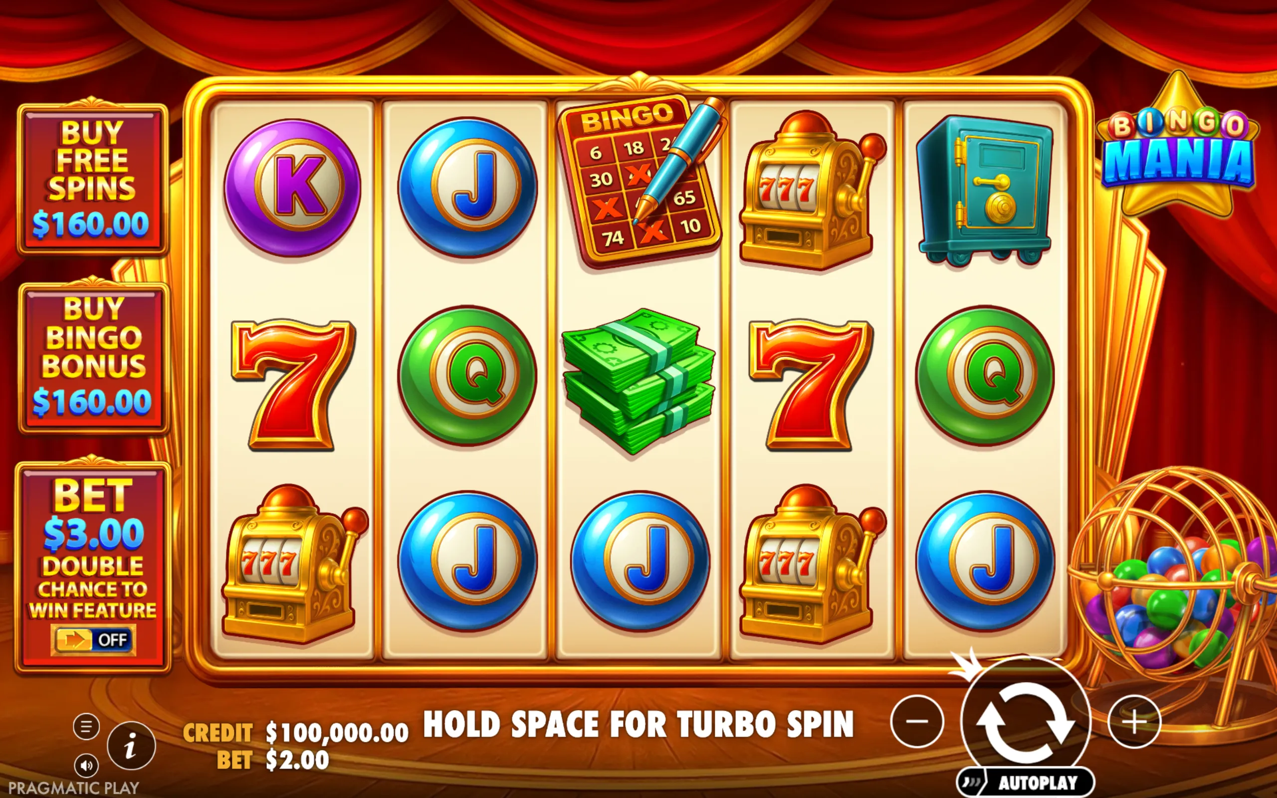 Colorful slot game interface featuring bingo balls, classic slot machine symbols, and a bingo card with a pen, set against a theatrical red curtain backdrop.