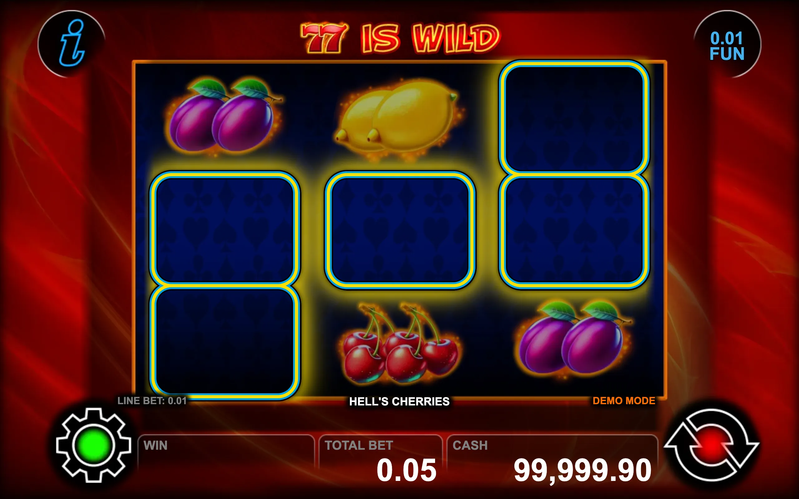 Hell's Cherries slot game preview with glowing fruit symbols and a fiery red background