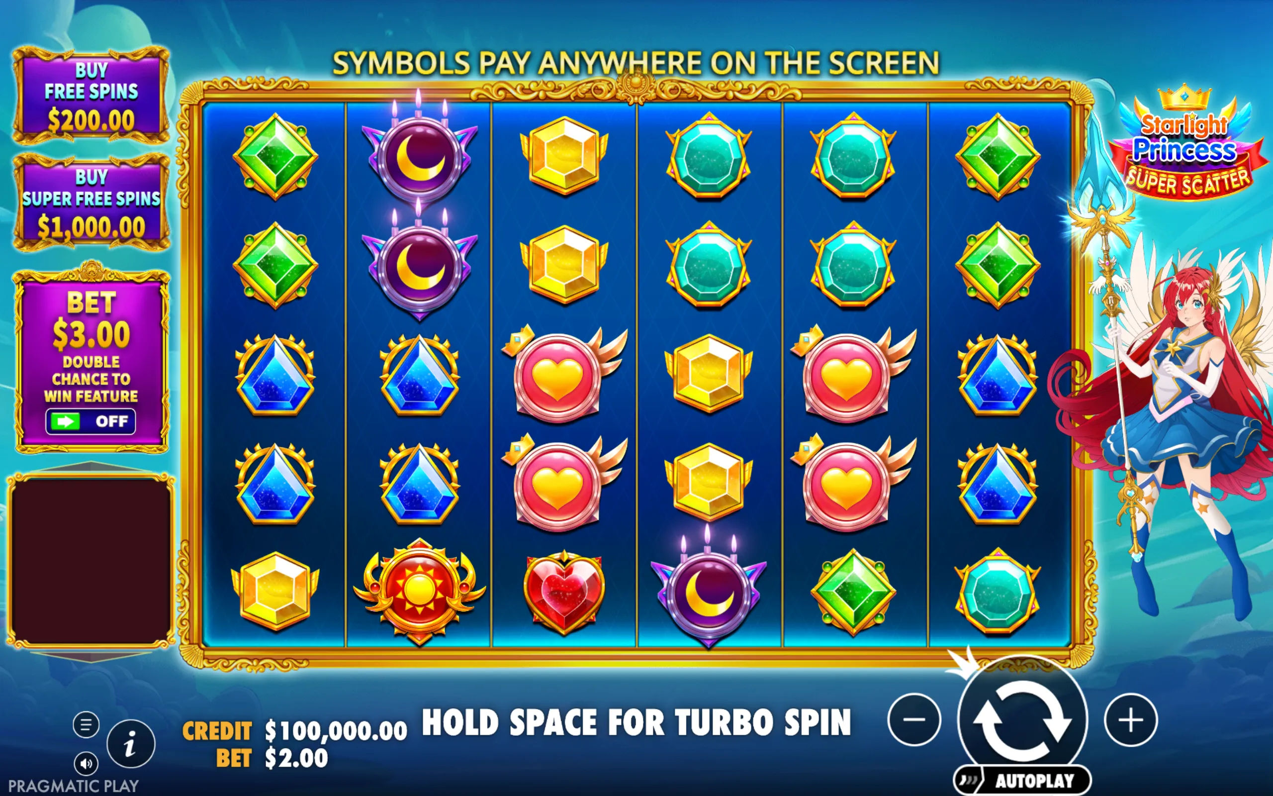 Bright and colorful slot game interface featuring gem symbols, a magical princess character, and options to buy free spins and super free spins.