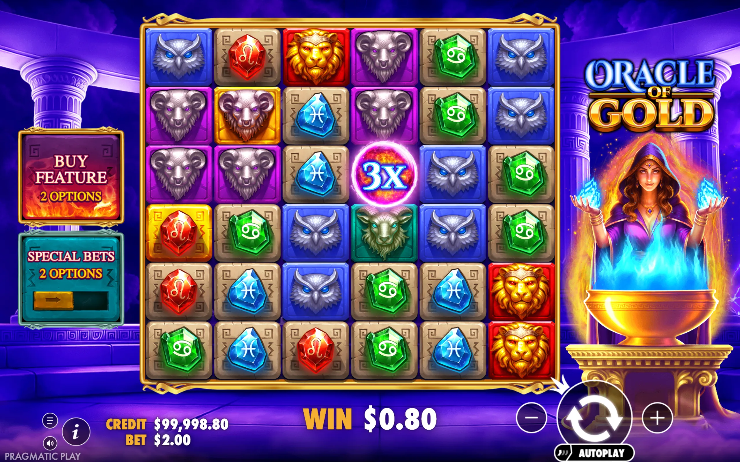 Oracle of Gold slot game with mystical animal symbols and zodiac gems on a grid, featuring a magical female oracle casting blue flames from a golden cauldron.