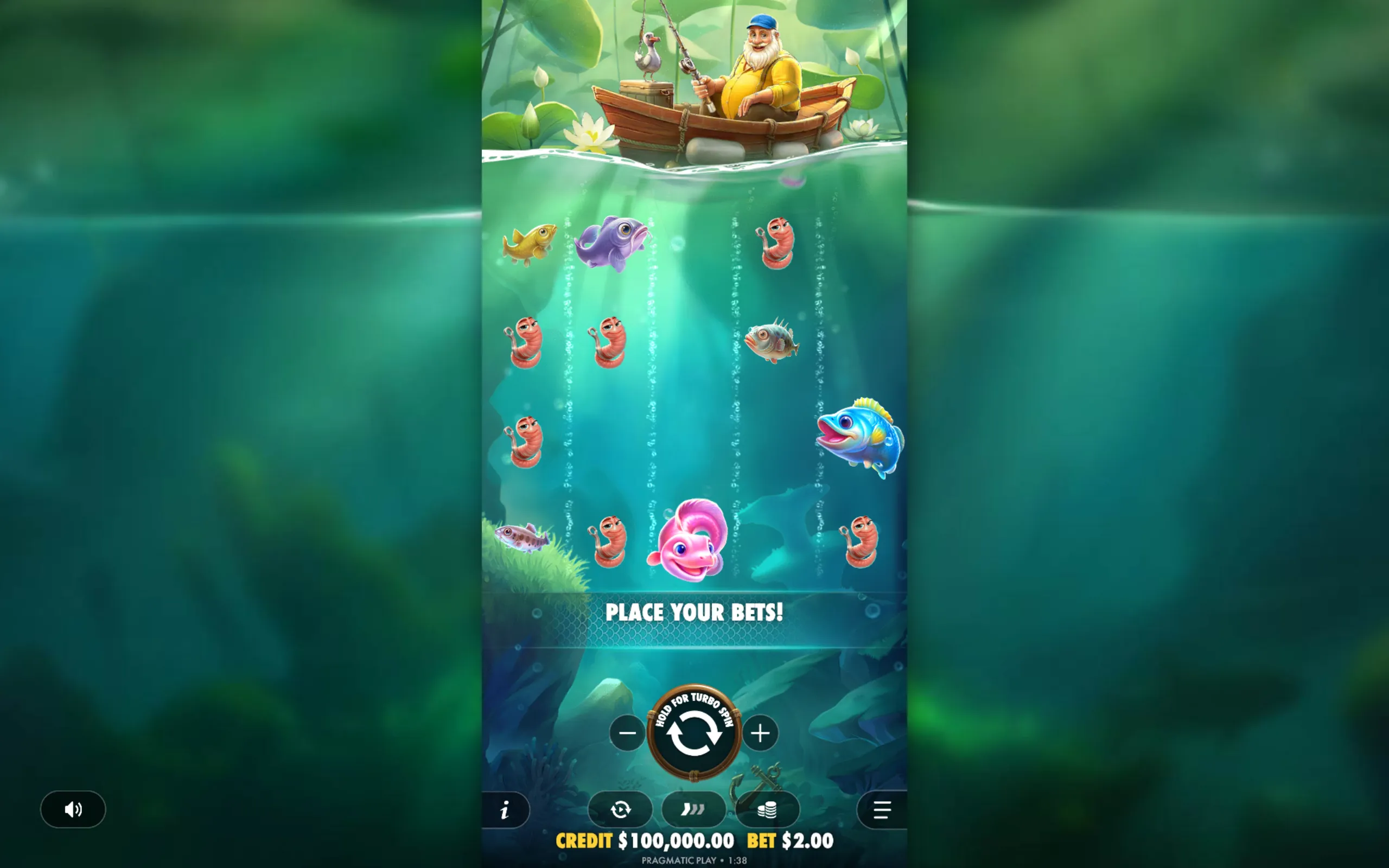 A cheerful elderly fisherman in a small wooden boat with a seagull, fishing above colorful cartoon-style fish and worms underwater, inviting players to place bets.