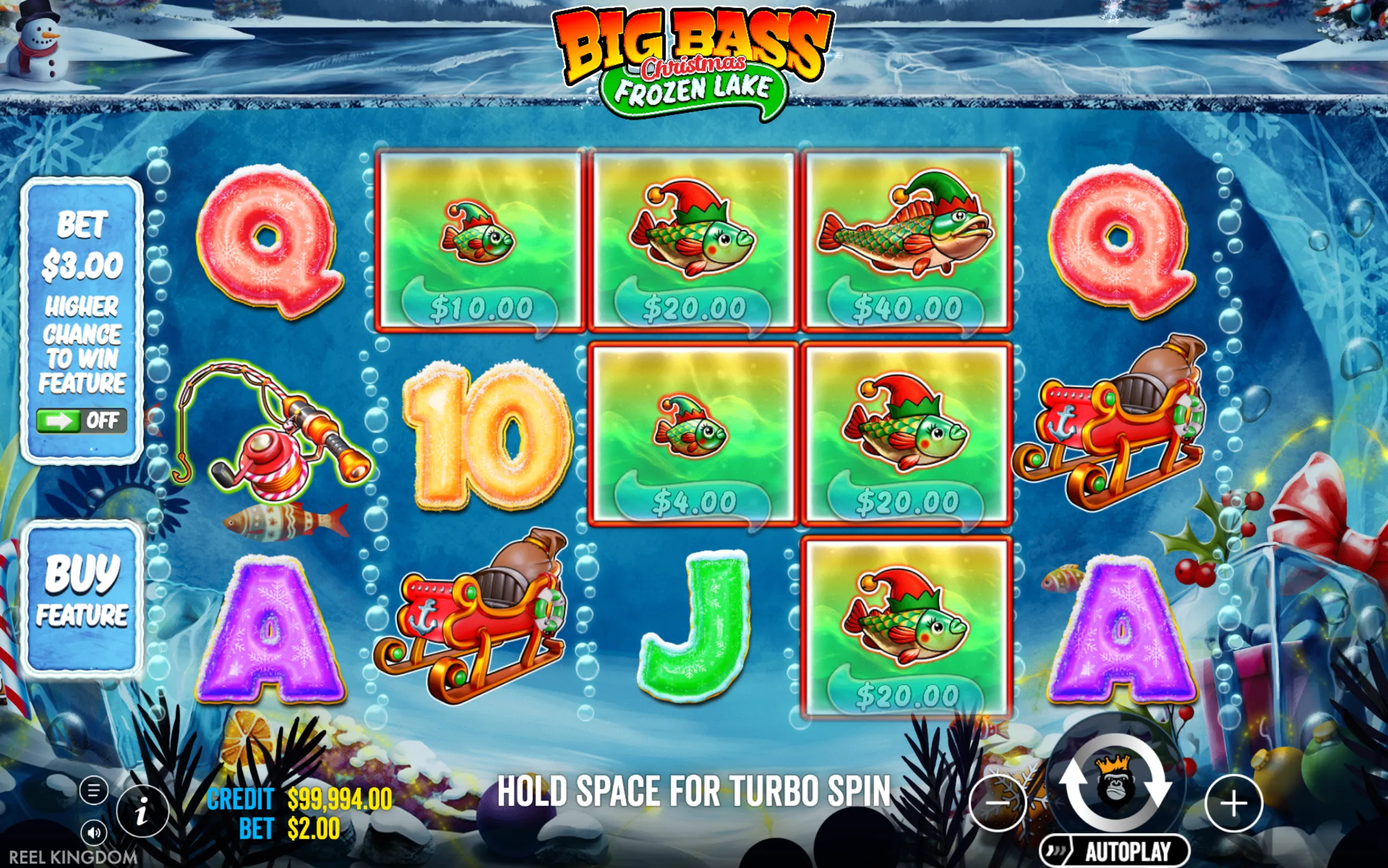 Big Bass Christmas Frozen Lake slot with colorful fish symbols wearing elf hats, icy letter symbols, and festive holiday-themed icons on a frozen lake background.