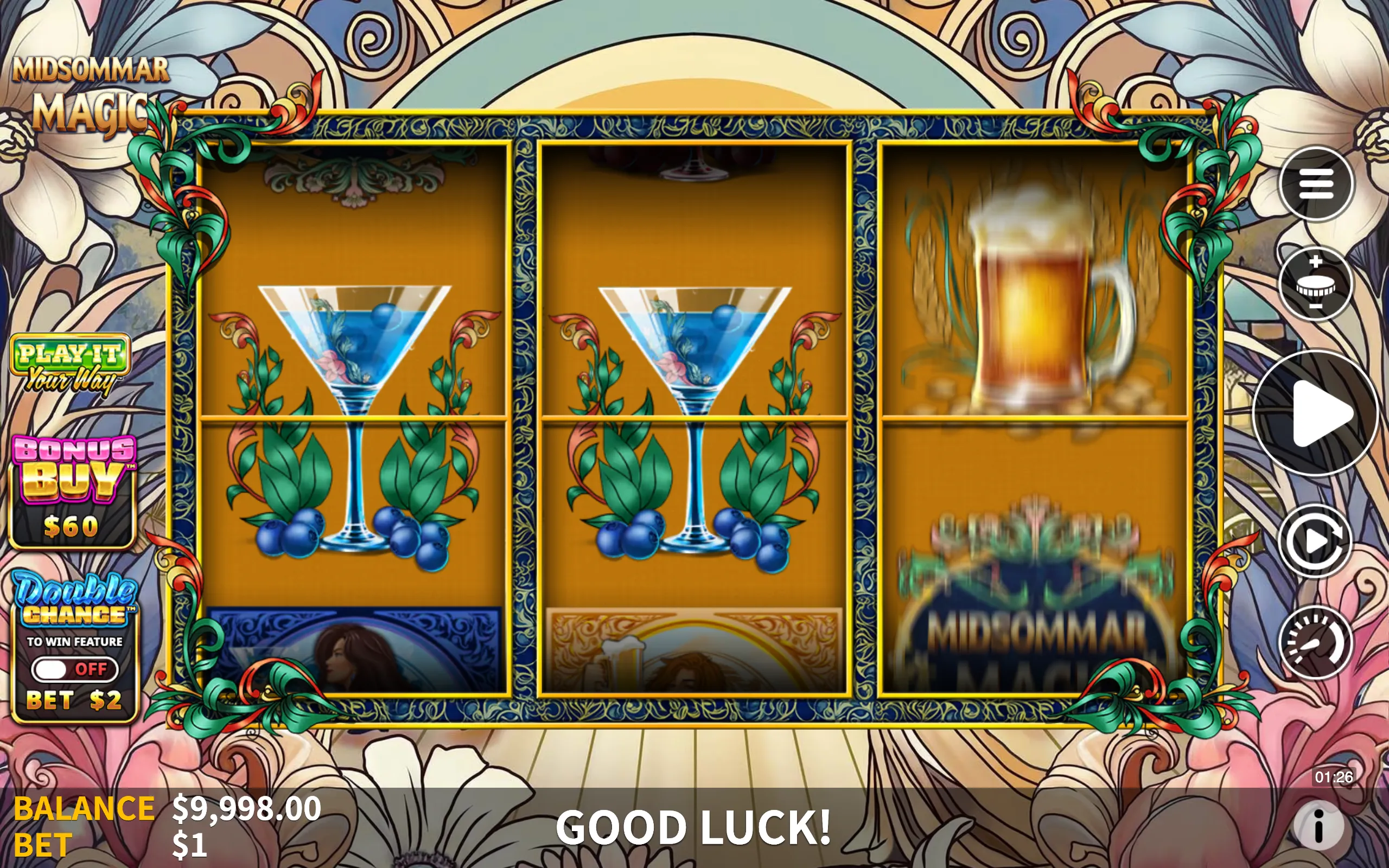 Colorful slot reels with floral and botanical motifs featuring cocktail and beer symbols, framed by ornate decorative borders in a midsummer festival theme.